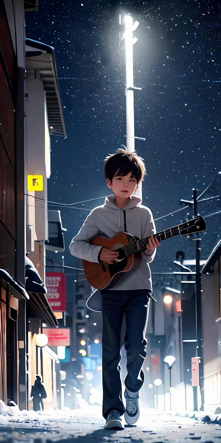 A boy at night carrying a guitar on his back is walking alone on the road with light snow in the sky