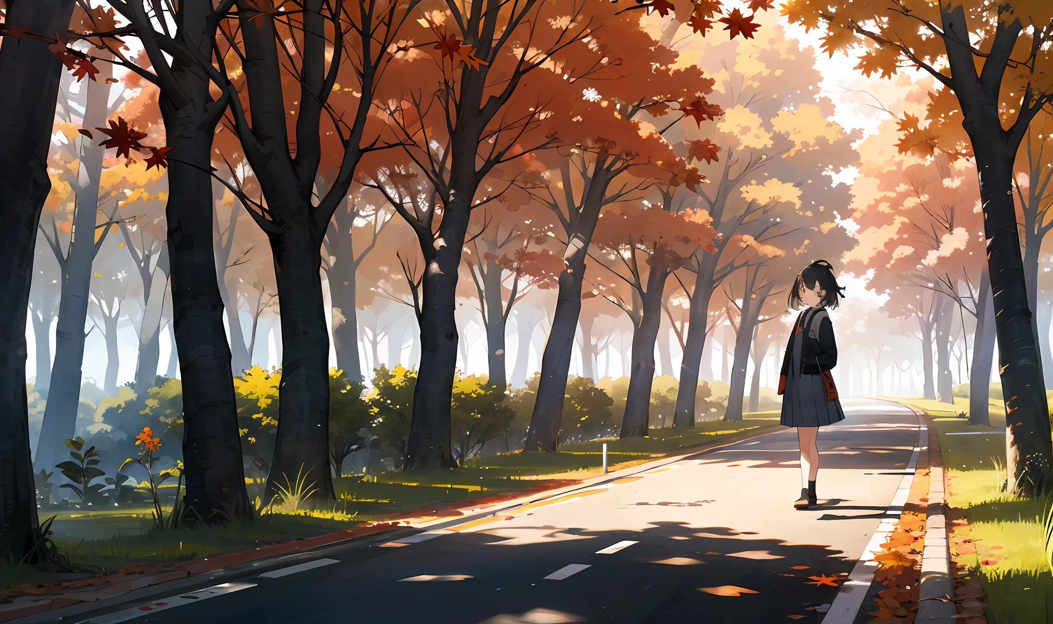 In the autumn morning, trees are on both sides of the road, facing a young girl standing in the middle of the road