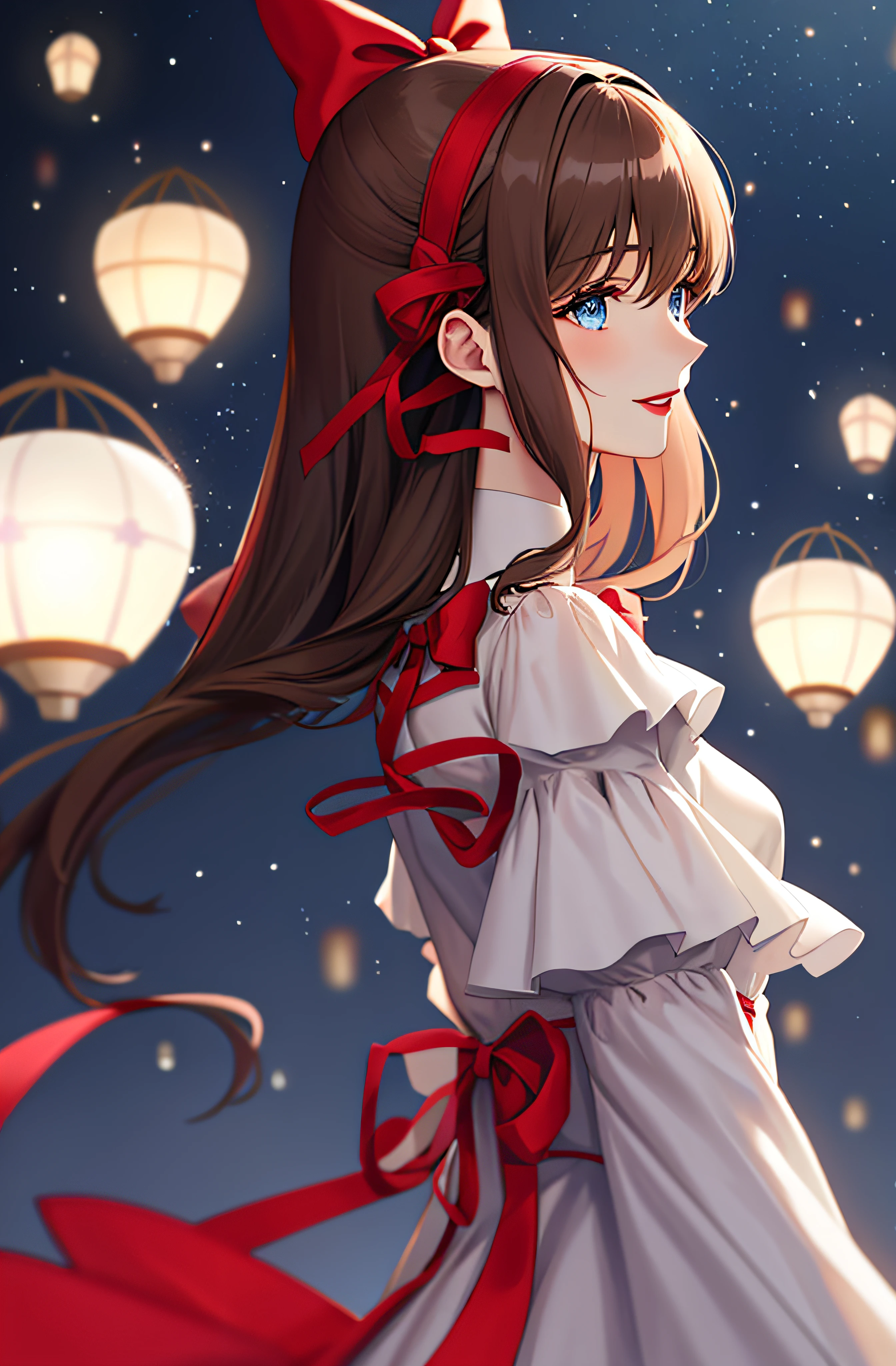 (extremely delicate and beautiful: 1.2), 1girl, bangs, blue eyes, blur, blur background, bow, brown hair, shut up, side view, hair between eyes, hair bow, lantern, light particles, long sleeves, look looking at audience, medium hair, night, red bow, solo, stars\(symbol\), upper body, smile, red lips