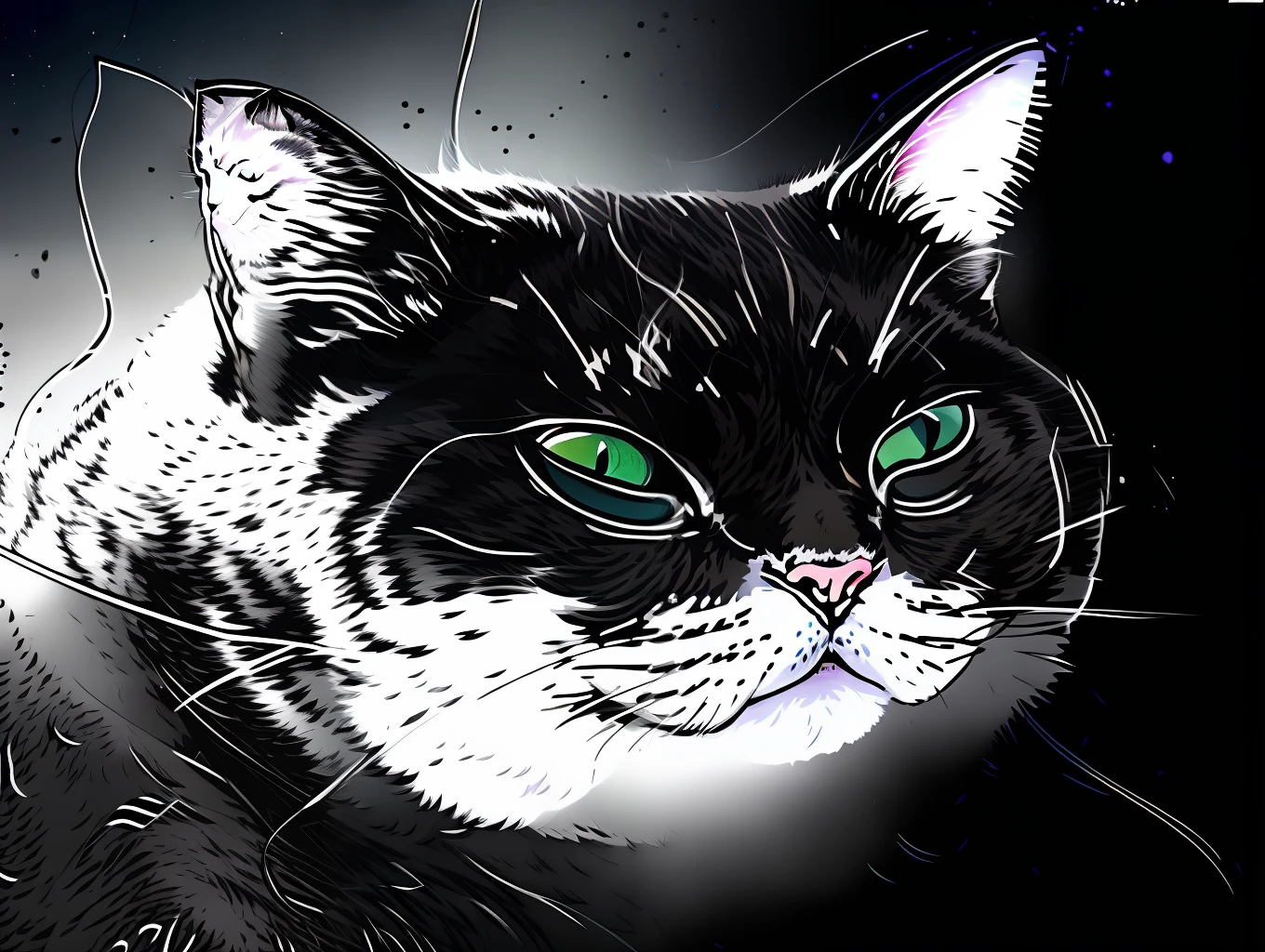 Close up of cat on black background, intense line art, digital line-art, drawn in microsoft paint, cat detailed, intense black line art, drawn with photoshop, dark but detailed digital art, thin line art, Black line art, Very detailed digital art, hyper detailed line art, bold line art, outlined art, A pointillism