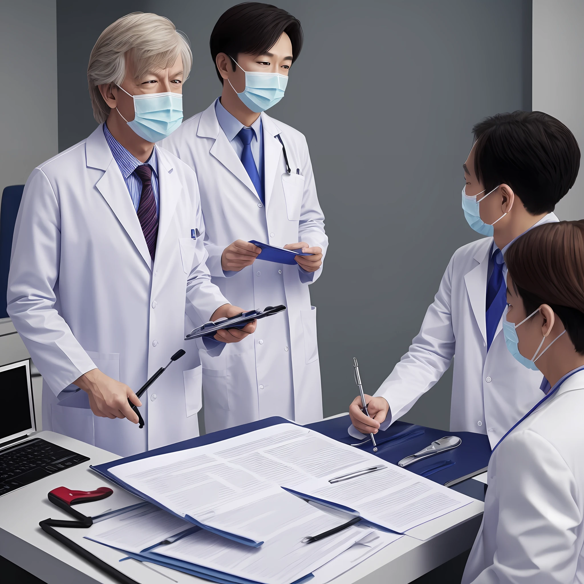 There are three doctors,Every doctor should draw realistically。They can wear white coats,Wear a mask and gloves,Present a professional and clinical image。 Doctors can take a closer look at the tumor with a magnifying glass or microscope,The attention to detail;Another doctor can hold a scalpel or syringe,Prepare for treatment or surgery;A third doctor can view important information in the patient's file or screen,Demonstrate their expertise and decision-making skills。 The background can be relatively simple,But very realistic,Highlight the image of the doctor。You can choose to use light or neutral tones,Create a professional and clinical atmosphere --auto