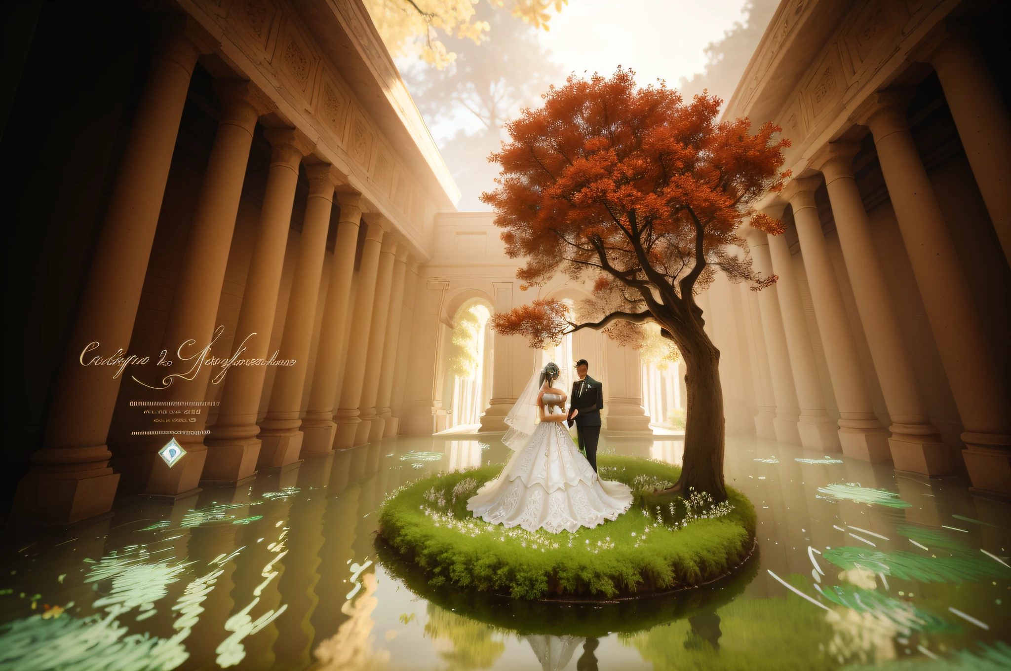 bride and groom standing in a pond of water under a tree, inspired by Mike Winkelmann, & jeehyung lee & wlop, inspired by Cherryl Fountain, art nouveau octane render, (octane render) fantasy style, 3d render”, stunning arcanum backdrop, awesome greate composition, 3d cg, 3 d cg, inspired by Johfra Bosschart