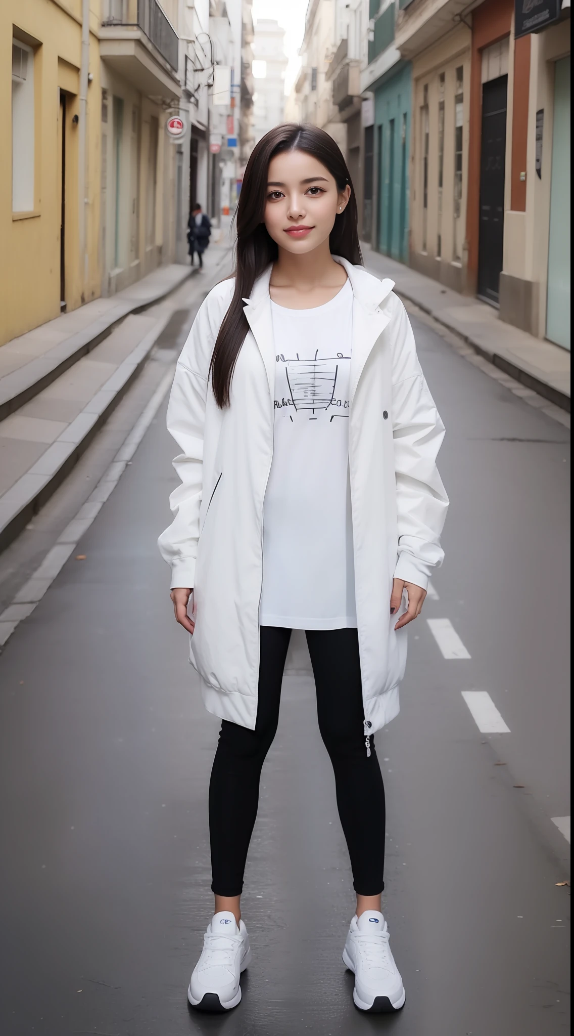 Beautiful young Indiana girl, melhor qualidade, Ultra High Res, (fotorrealista: 1.4), Outono, Rua, sneaker, Jaqueta Branca para baixo, Calcinha, Corpo perfeito, Seios pequenos,, (Cabelos longos grisalhos:1), ((Olhos inchados)), Feliz, Nu, Corpo Inteiro