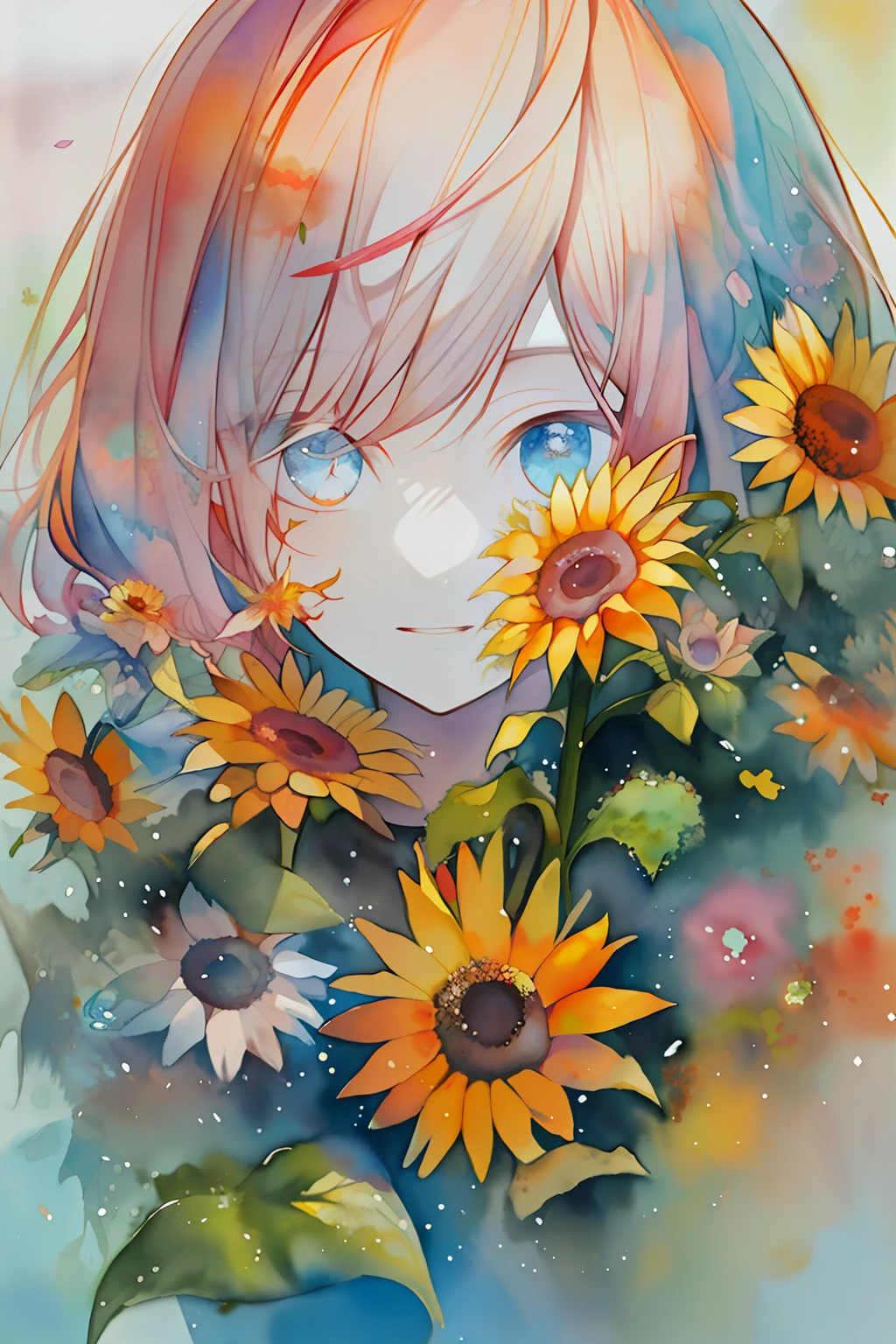 (aquarelle:1.2),1girll, Solo, flower, sunflower,freckle, Portrait, leafs, bangs, pink flower, (Light gold long) Hair, ((Delicate blue lens eyes)), hair between eye,