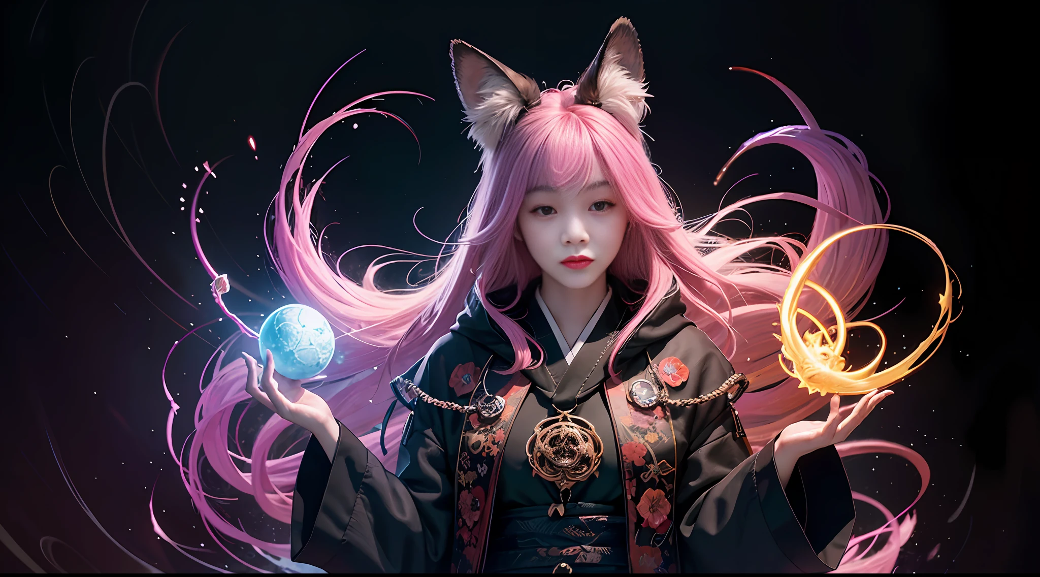 1girl, solo, official art, unity 8k wallpaper, ultra detailed, beautiful and aesthetic, masterpiece, best quality, photorealistic, (abstract background:1.5) (zentangle, mandala, tangle, entangle:0.7) Kitsune witch, fox mask, haori jacket, foxfire spell, fox familiar, transformation, depth of field, Fantastical Atmosphere, the most beautiful form of chaos, elegant, a brutalist designed dark theme, flower of death, ecstasy of flower