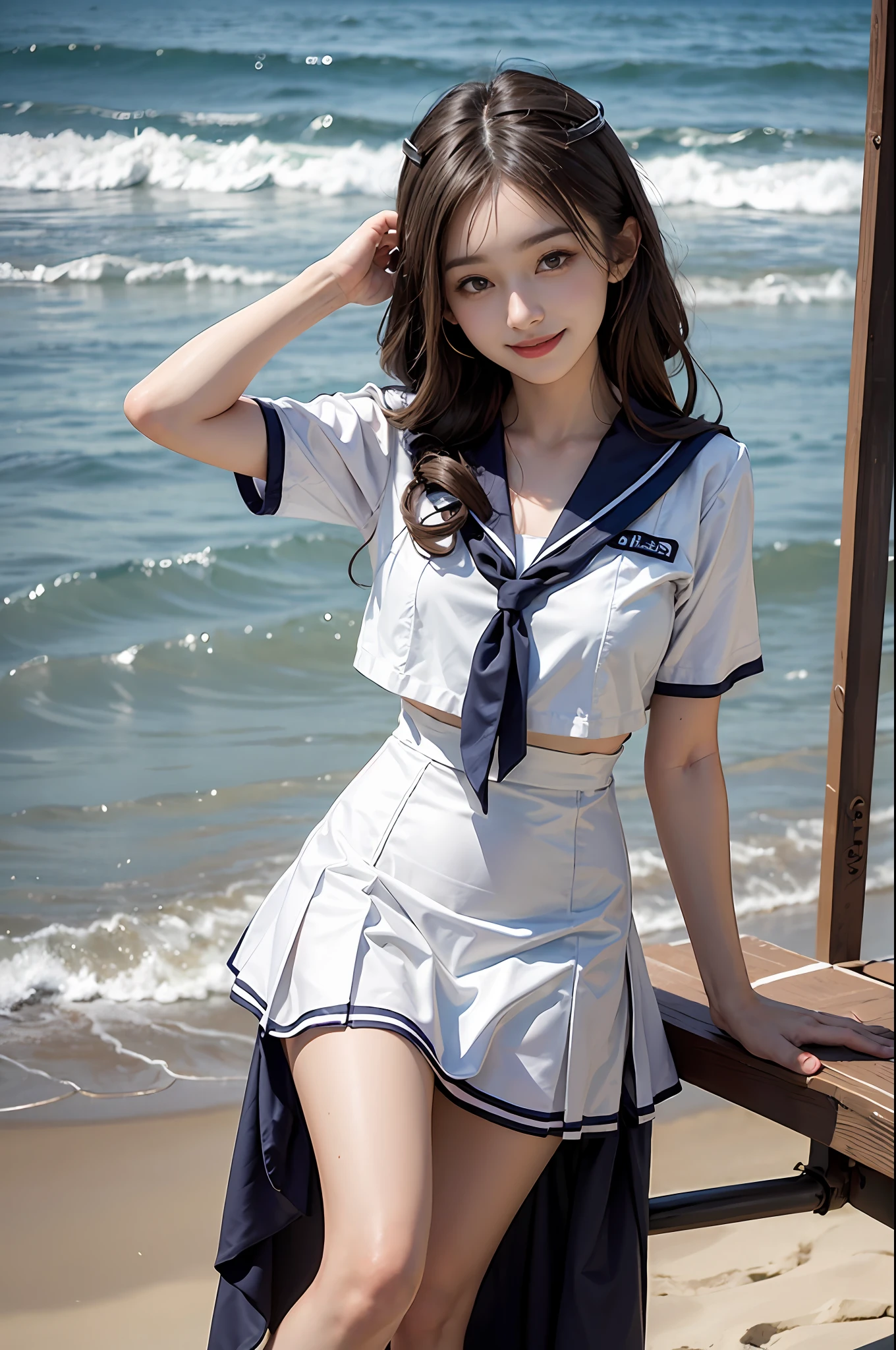 1girll,(((twin drills))),Golden hair,beach,White sailor suit and short skirt,-yeld fee model,smile,