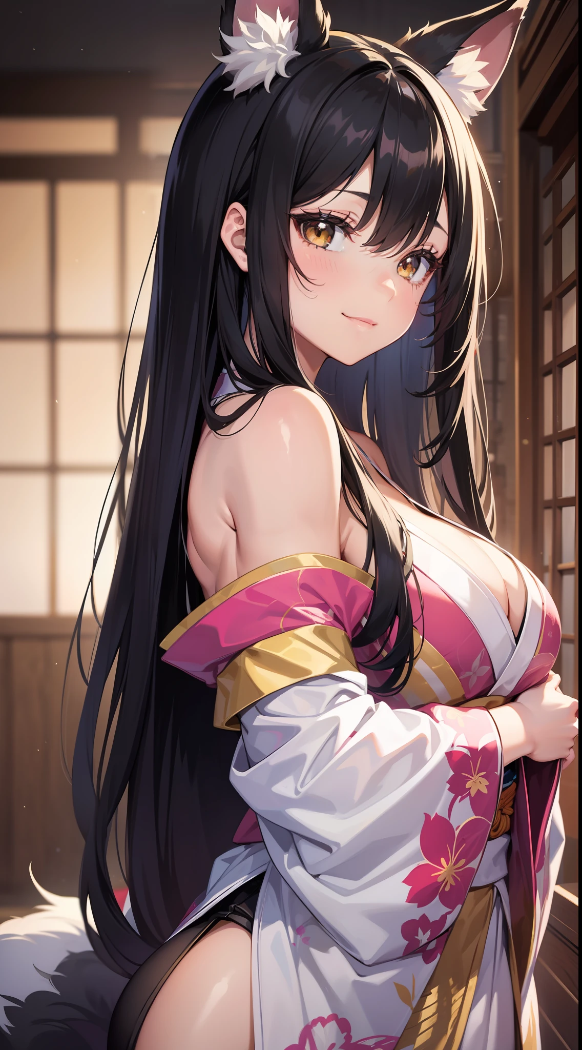 young girl, Long black hair with light pink ends, white fox ears, White fox tails, golden eyes, Thick kimono, open shoulders, open breasts, ssmile, Masterpiece, hiquality