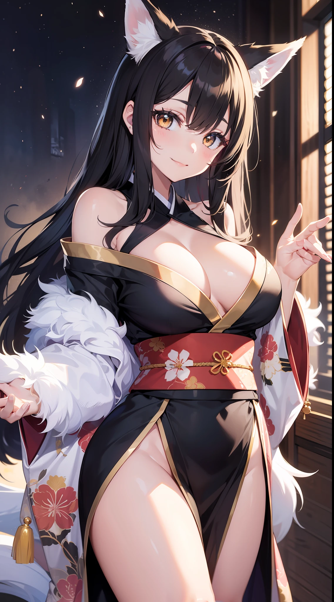 young girl, Long black hair with light pink ends, white fox ears, White fox tails, golden eyes, Thick kimono, open shoulders, open breasts, ssmile, Masterpiece, hiquality