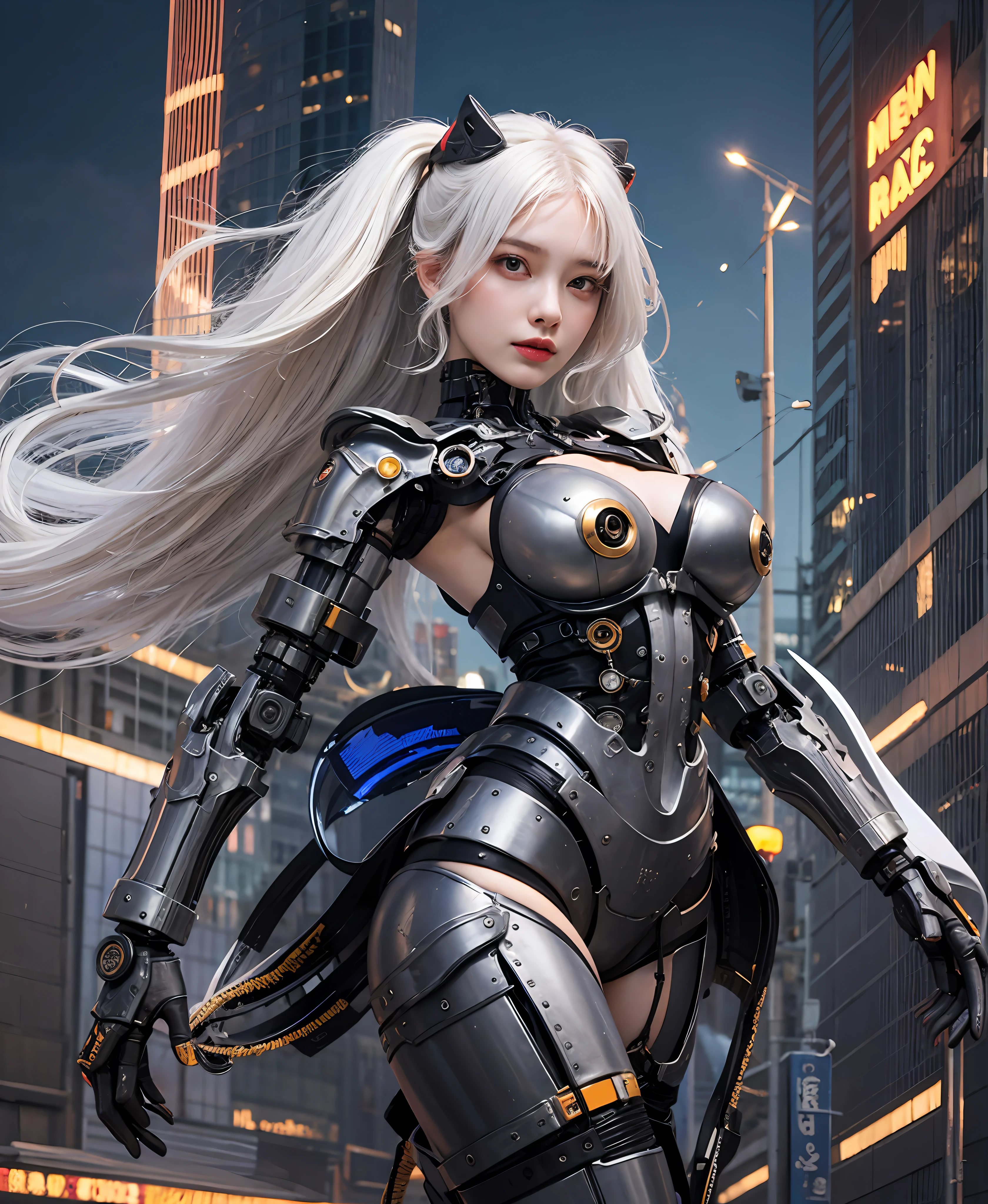 white  hair、long fluttering hair、strong breeze、Orange Eyes、radiant eyes、Steampunk Girl、Colossal tits、The face and chest are alive、Cleavage is visible。photoRealstic、portfolio、Evangelion-style metal mecha suit、Combat cyborg、Steampunk details、metalic、detailed mechanical components、Bundle of thin tubes、Metal cylinder、Detailed neon、Fine LED、Fine parts