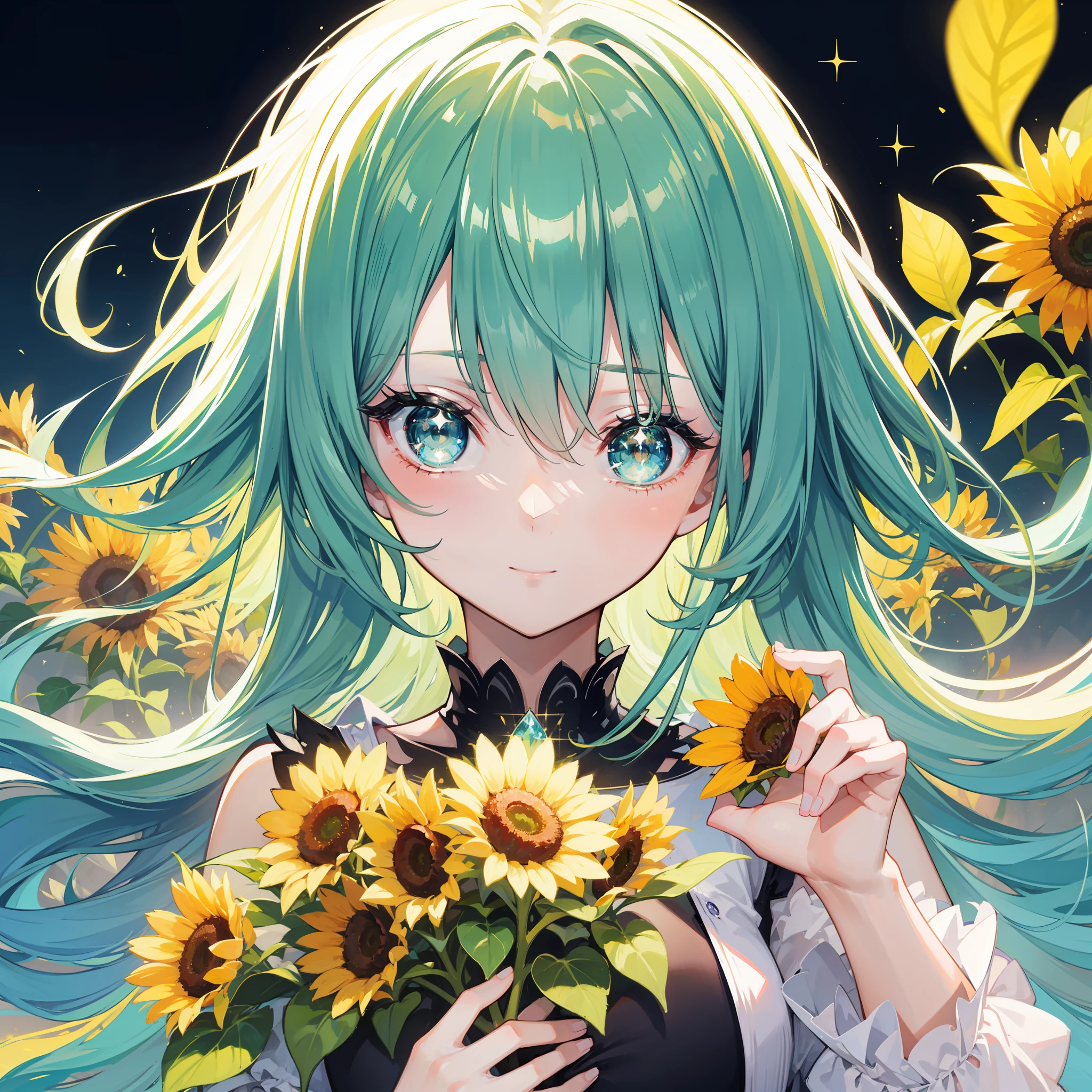 high-level image quality、hiquality、Beautiful eyes、up of face、Sparkling eyes、One girl with green hair、mystical、Fantastical、Background that seems to be sucked in、Glittery sunflowers、Sunlight shines in、glowing gemstones