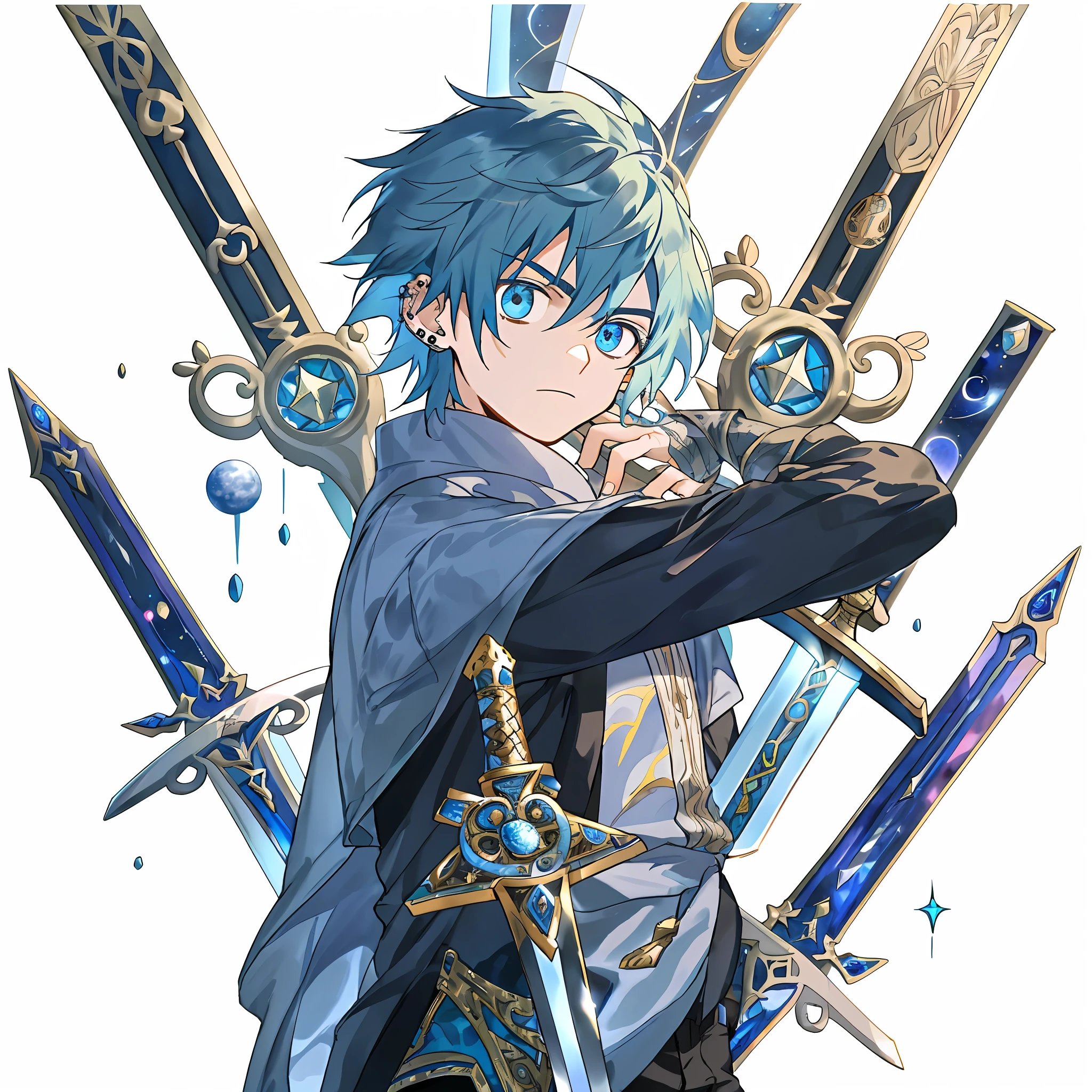 (tmasterpiece,best qualtiy)A little boy with piercing blue hair stands in front of you, Wielding two powerful swords: The Sword of Time and the Sword of Space. The intricate details of the sword are breathtaking, With ornate handles and sparkling jewelry embedded in the blade. The boy's expression was stoic, But there was a hint of exhaustion in his eyes,This shows that he has had to rely on his incredible weapons many times before。. in the background, You can see a space-time vortex, Remind boys that they have incredible powers. The colors in the painting are mainly cool blue and deep purple, Give the work an otherworldly feel. When you look closely, You realize that the boy's clothes are tattered, Reveal the muscular figure underneath. Each fiber of the painting is designed to convey strength, bravery, and the determination to protect all that is good