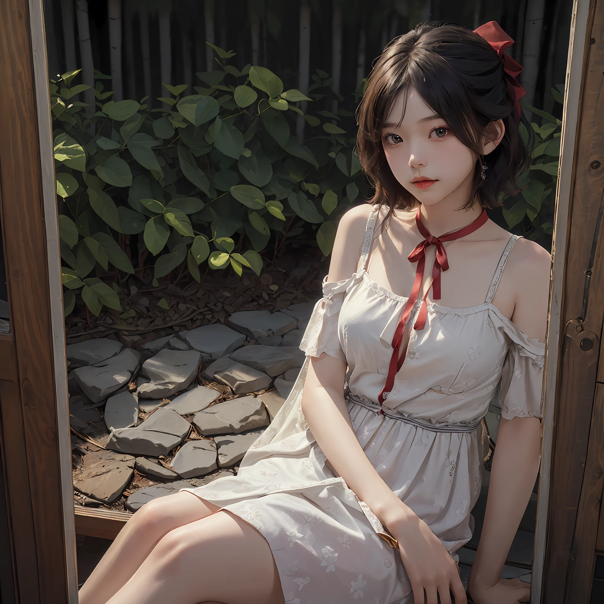 top-quality、masterpiece、超A high resolution、(Photorealsitic:1.4)、1girl in、enticing、looking in camera、(((shorth hair)))、(((Large ribbon)))