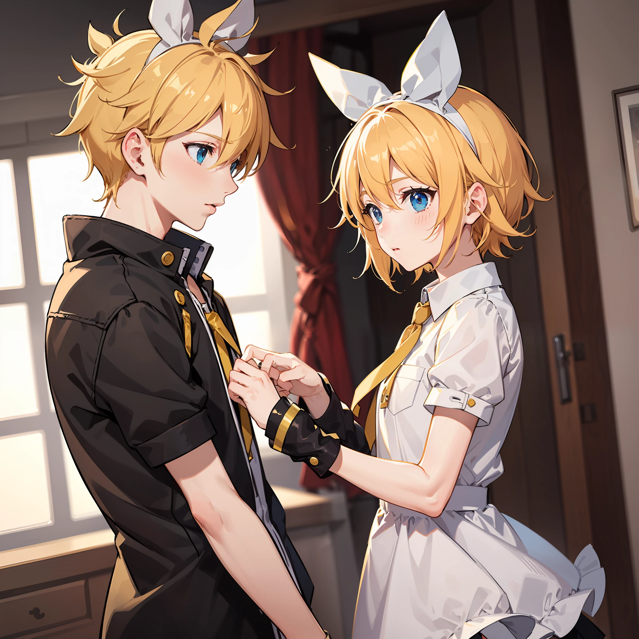 best quality, ultra precision, two person, one boy and one girl, (a boy is Len_Kagamine), (a girl is Rin_Kagamine), couple, love each other, blond hair, shota and loli