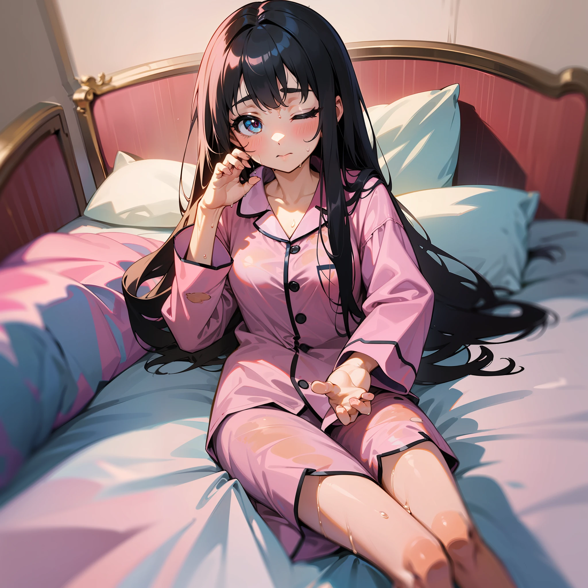 (Golden ratio:1.2),[(White background:1.4)::10],(Masterpiece), (Best quality), (Ultra detailed),(Disheveled hair),(illustration),(1 girl:1.3),Solo,full body,Loli,bit girl,Children,Sleepy,Eyes_Closed,Black hair,Long straight hair,Shiny hair,(Cute pink children's pajamas:1.3),(Peeing:1.3)+(diaper:1.2)+(There are wet water stains on the sheets:1.3),indoor,Bedroom,In a baby cot,(M-shaped pose:1.3)