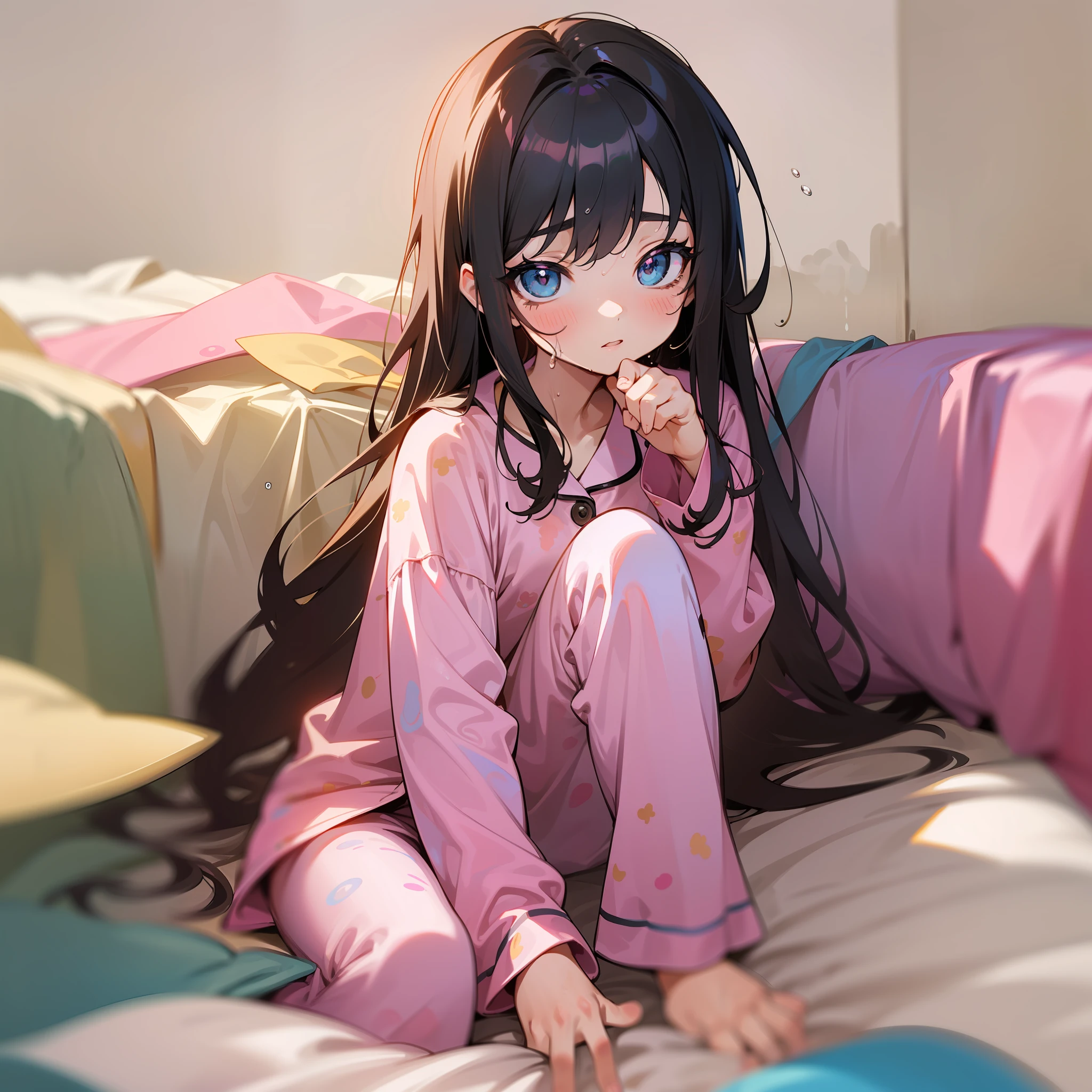 (Golden ratio:1.2),[(White background:1.4)::10],(Masterpiece), (Best quality), (Ultra detailed),(Disheveled hair),(illustration),(1 girl:1.3),Solo,full body,Loli,bit girl,Children,Sleepy,Eyes_Closed,Black hair,Long straight hair,Shiny hair,(Cute pink children's pajamas:1.3),(Peeing:1.3)+(diaper:1.2)+(There are wet water stains on the sheets:1.3),indoor,Bedroom,In a baby cot,(M-shaped pose:1.3)