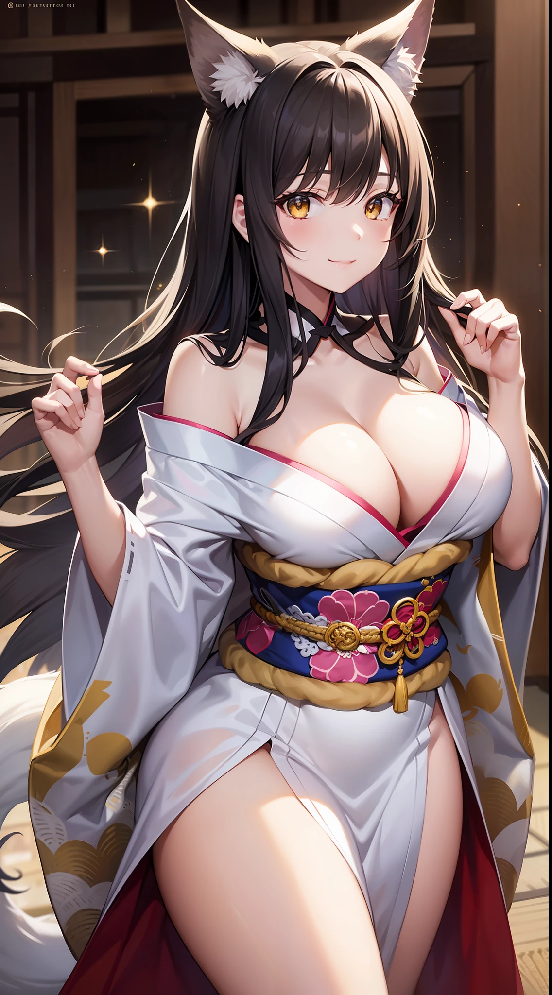 young girl, Long black hair with light pink ends, white fox ears, White fox tails, golden eyes, Thick kimono, open shoulders, open breasts, ssmile, Masterpiece, hiquality