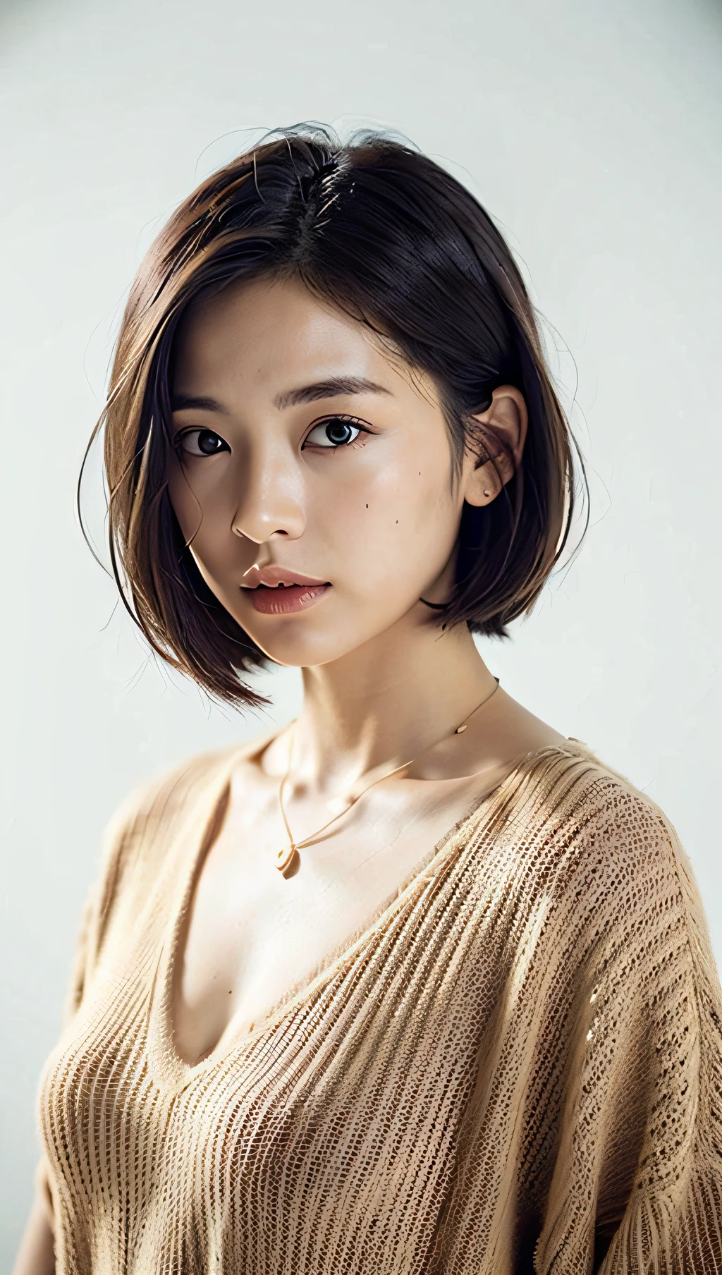 (Best quality, 8k, 32k, Masterpiece, UHD:1.2),Photo of Pretty Japanese woman, large breasts, very short bob hair,upper body,face focus,oversized_sweater, necklace, simple background, from above, looking at viewer,
