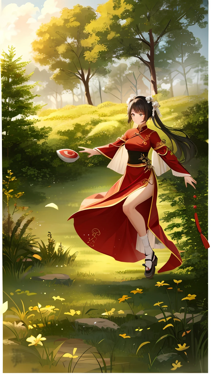 there is a woman in a red dress playing with a frisbee, chinese ribbon dance, with acient chinese clothes, Chinese traditional, traditional tai costume, Chinese costume, Traditional Chinese clothing, Wearing ancient Chinese clothes, dressed in long fluent skirt, inspired by Miao Fu, Chinese style, black and red silk clothing, Chinese dress, inspired by Tang Di, Hanfu