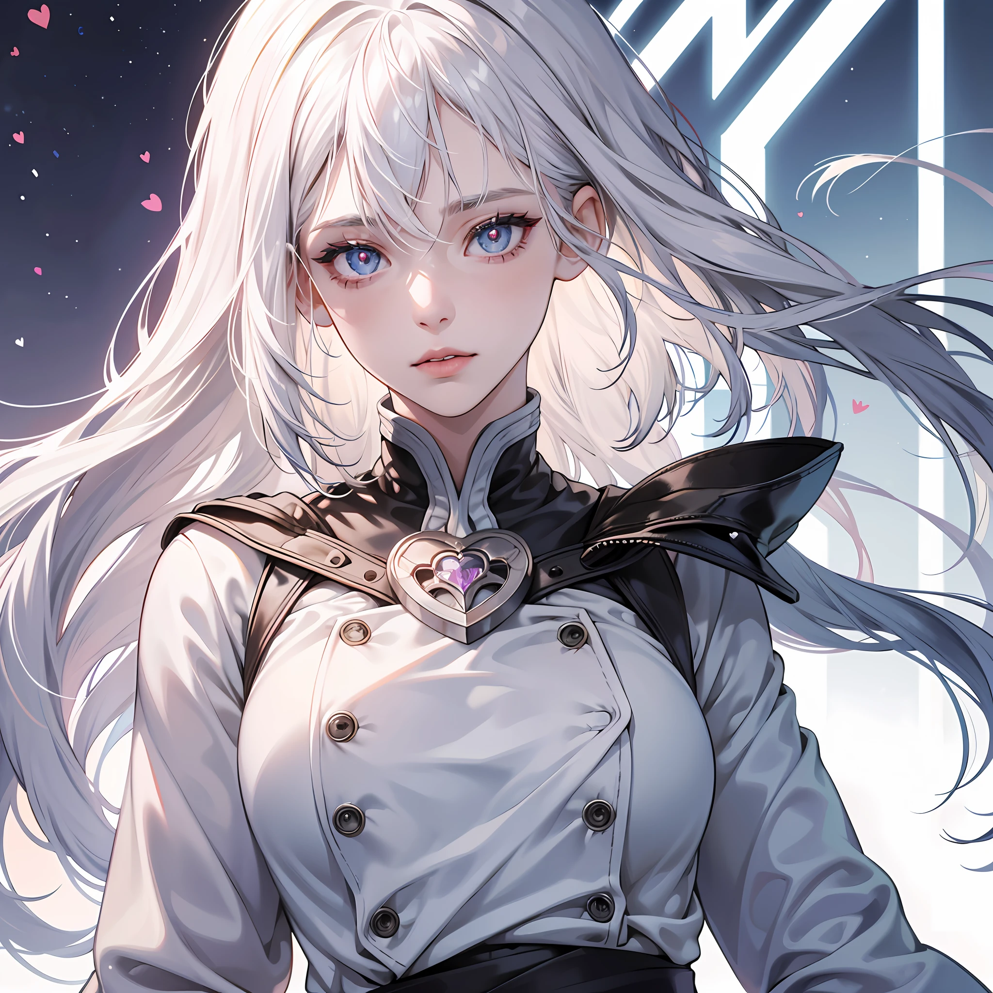 1girll,whaite hair,white skinned,Upper body diagram,1girll, whaite hair, white skinned, Upper body diagram, heart-shaped pupils, white hair, close-up, UHD, retina, highres, best quality, high details, high quality, textured skin --auto