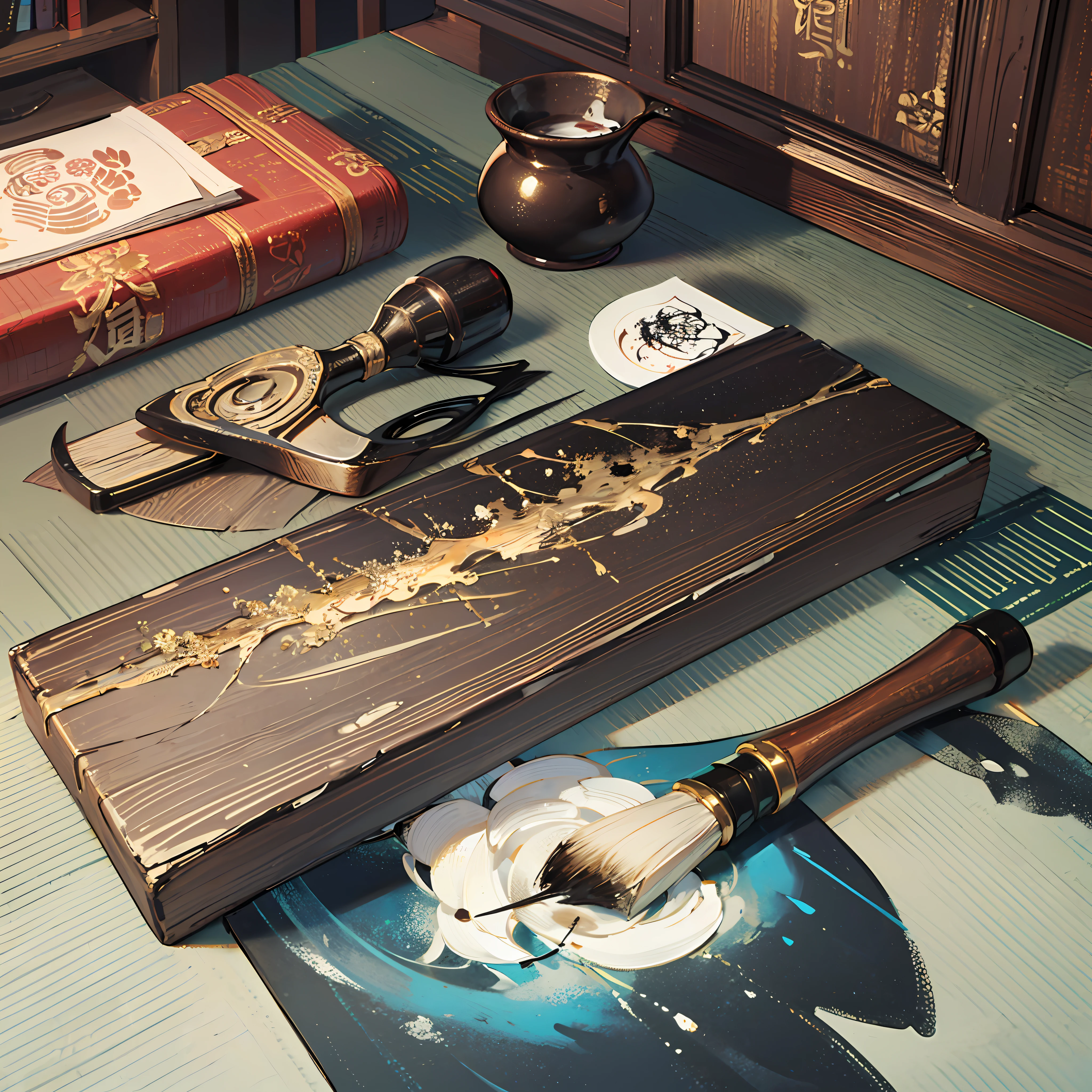 Pen with brush 1 brush,On a table,Masterpiece,Wooden plank table,Calligraphy scene,Chinese scene,Chinese brushes,Chinese calligraphy