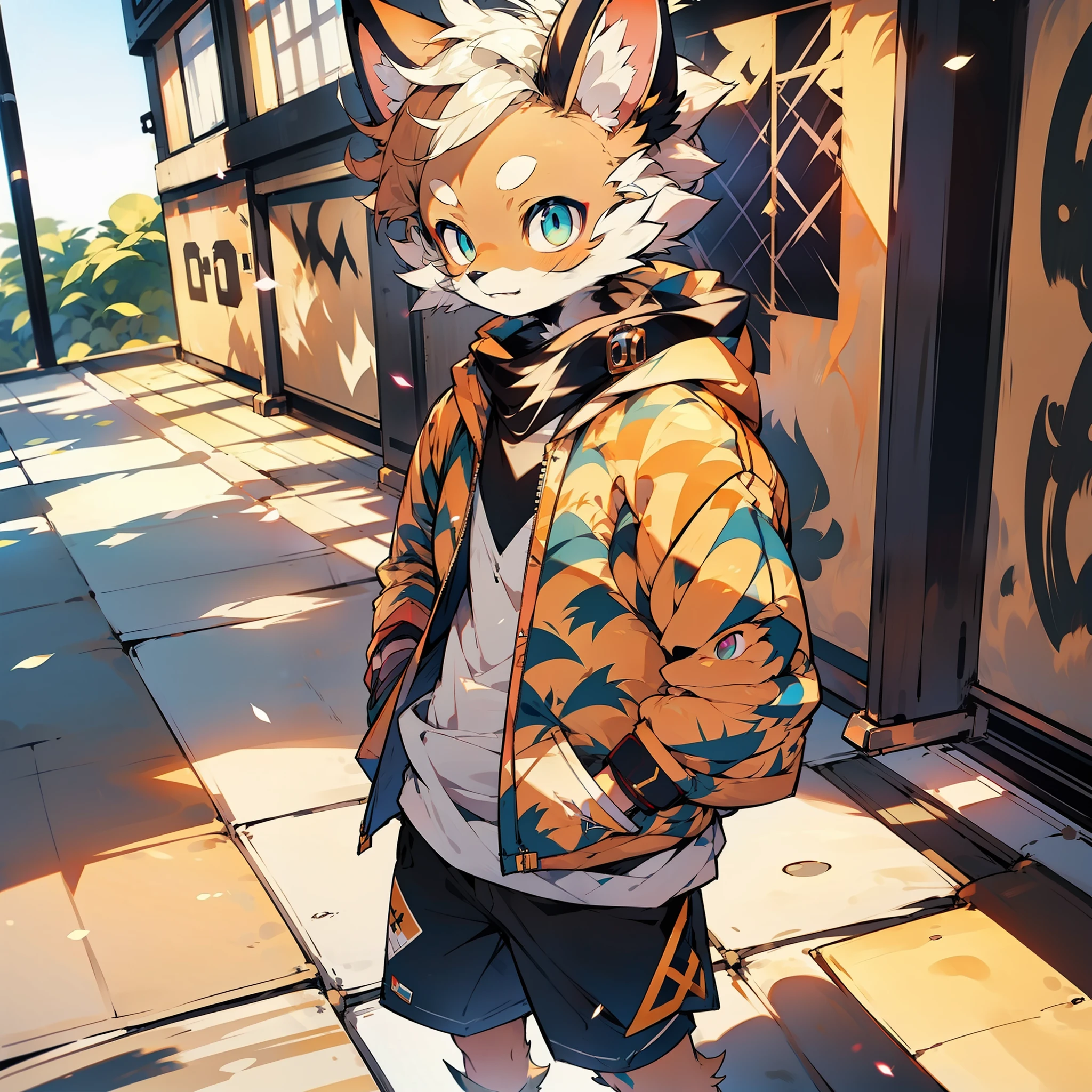 shota,furry,cute,lovely,yellow fur,white ears,blue eyes,hoodie,navy blue shorts,warm lights,daytime,fantastic shadow sunshine