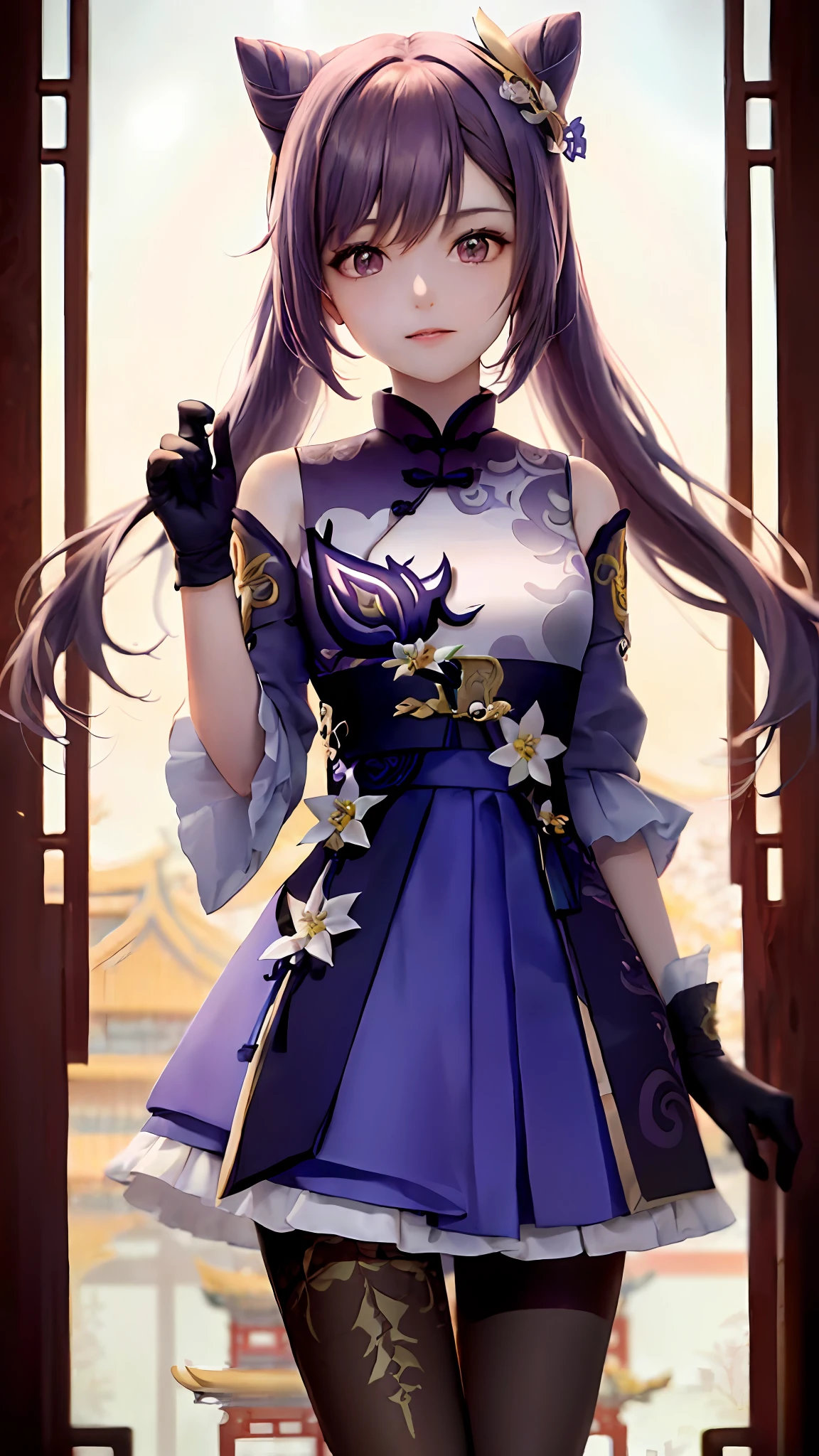 (巨作:1.2), (Best quality:1.2), keqingdef, 1girll, (Single person:1.2)，Cowboy shot, (Cinematic light:1.2)，(Perfect Hand 1.5)， Slender beautiful legs，Playful，Purple gloves，Hide hands，(Background of ancient Chinese architecture:1.2)，