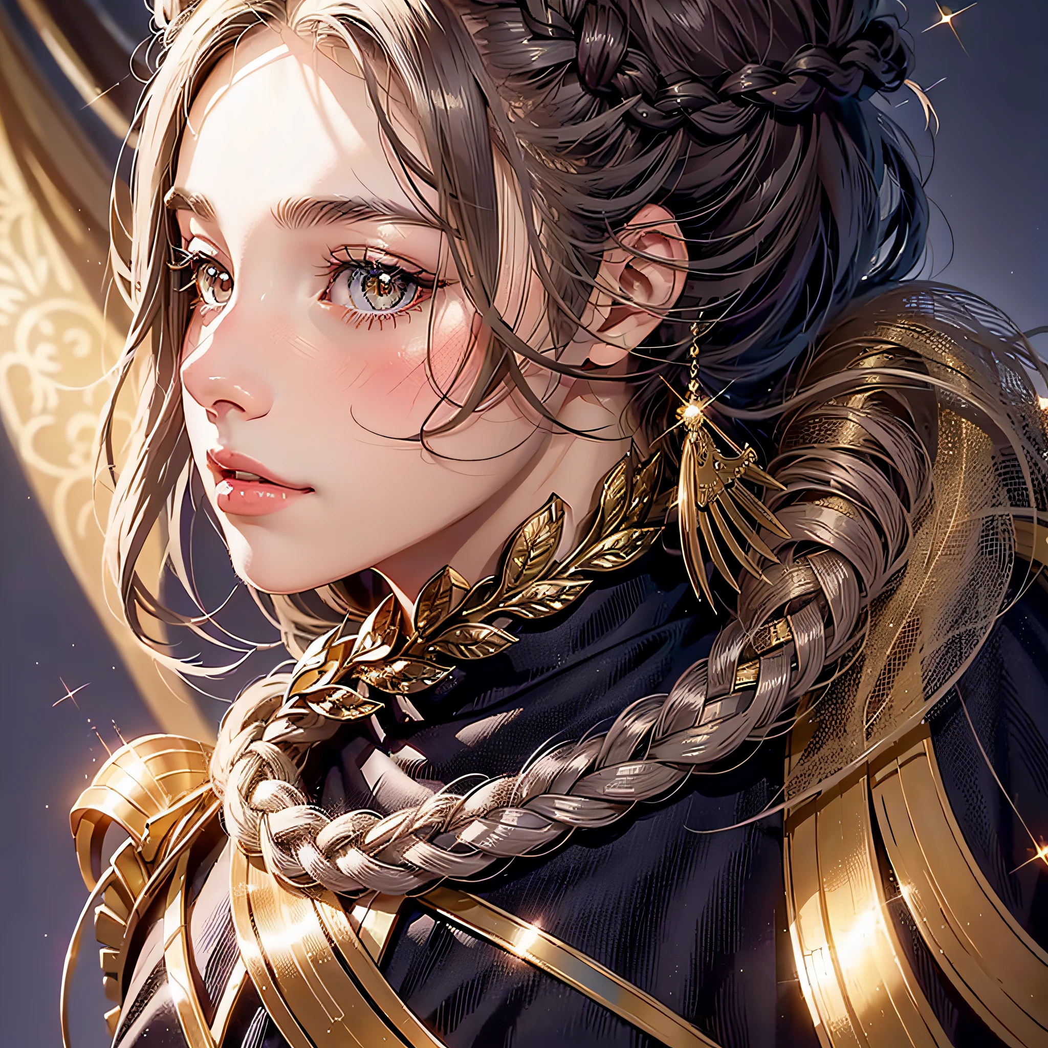 Elegant and noble girl, Elegant dress, Back shadow, Need, Beautiful girls, braidedponytail, Blush, Bright pupils, Ear blush, Seductive smile, romanticism lain, Anime style, Chiaroscuro, reflective light, Sparkle, tachi-e, hyper HD, retinas, Masterpiece, Best quality, Super detail