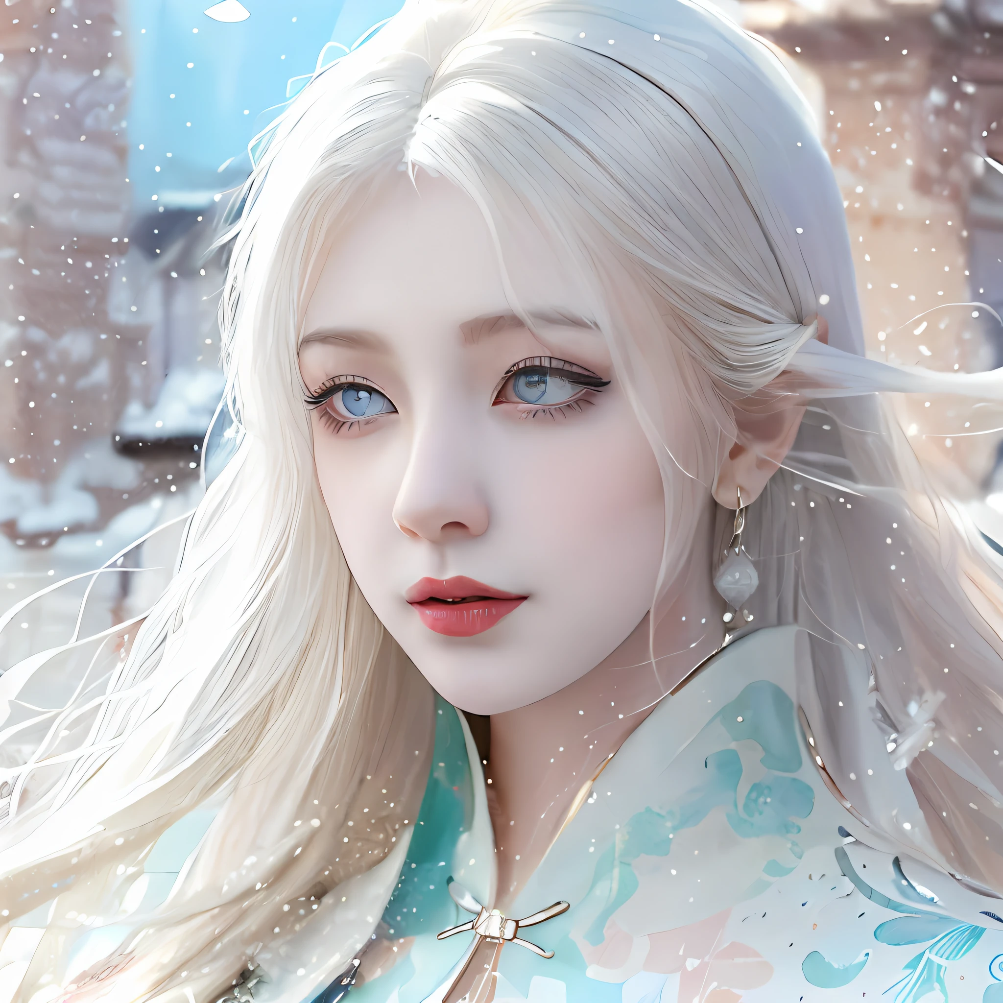 (Best image quality、The painting style is beautiful：)，[a beauty girl，femele，Royal sister figure，(short detailed hair;White hair:Blue eyes:1.3)]，White snow cheongsam，Costumes，Add texture to the background(Textured:1.2),The wind and snow are orderly，Shivering，(dynamic angle！:1.2)，"Modify the trace","Literary painting style"，Faraway view，Blank method，a cappella，Time and space are staggered。