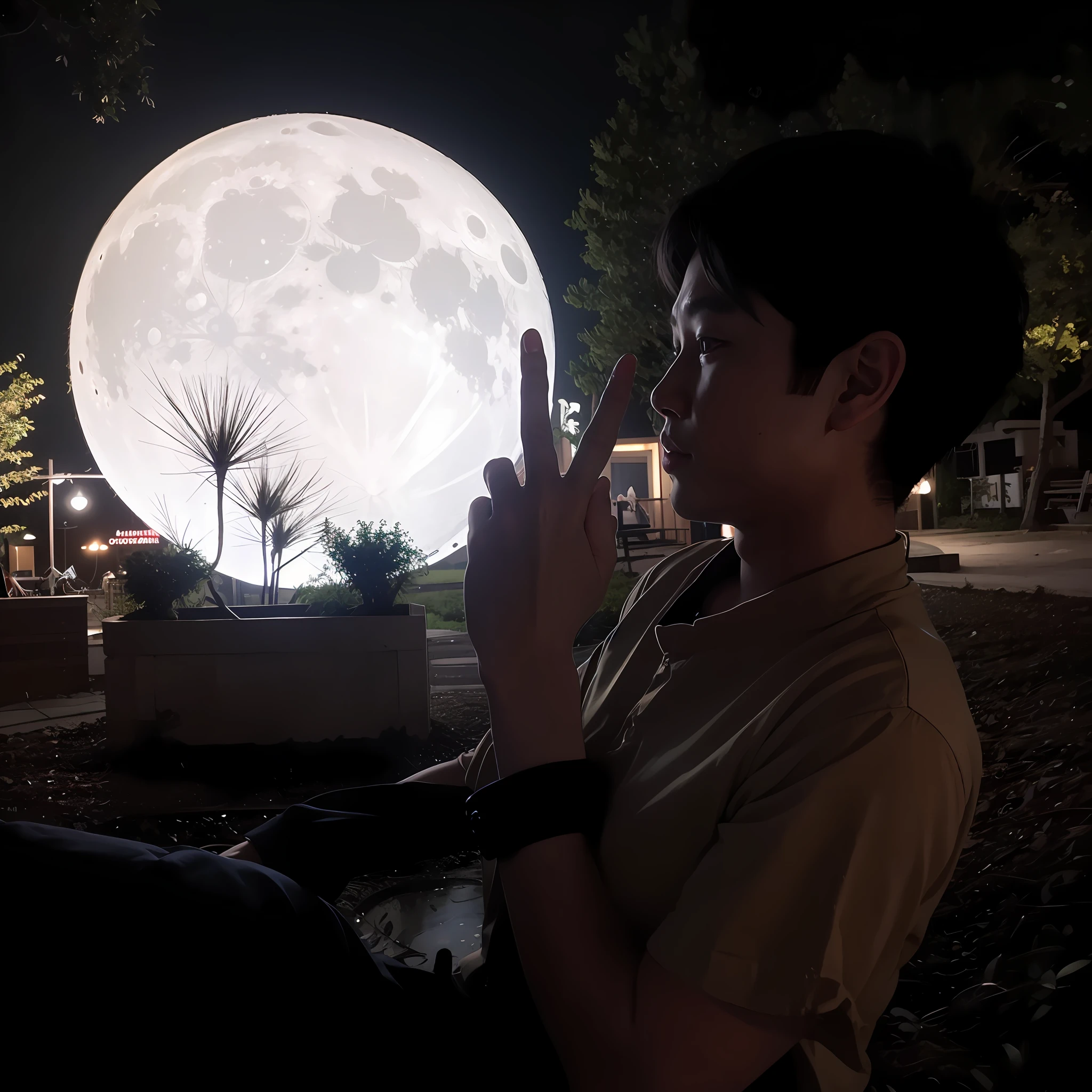 There was a boy in front of the big moon, moon behind him, in front of a big moon, sitting on a moon, in front of a full moon, in front of the moon, in front of a pale full moon, The moon casts on the boy, looking at the full moon, at night with moon light, ✨🕌🌙best qualtiy,tmasterpiece,超高分辨率,(realisticlying:1.4)