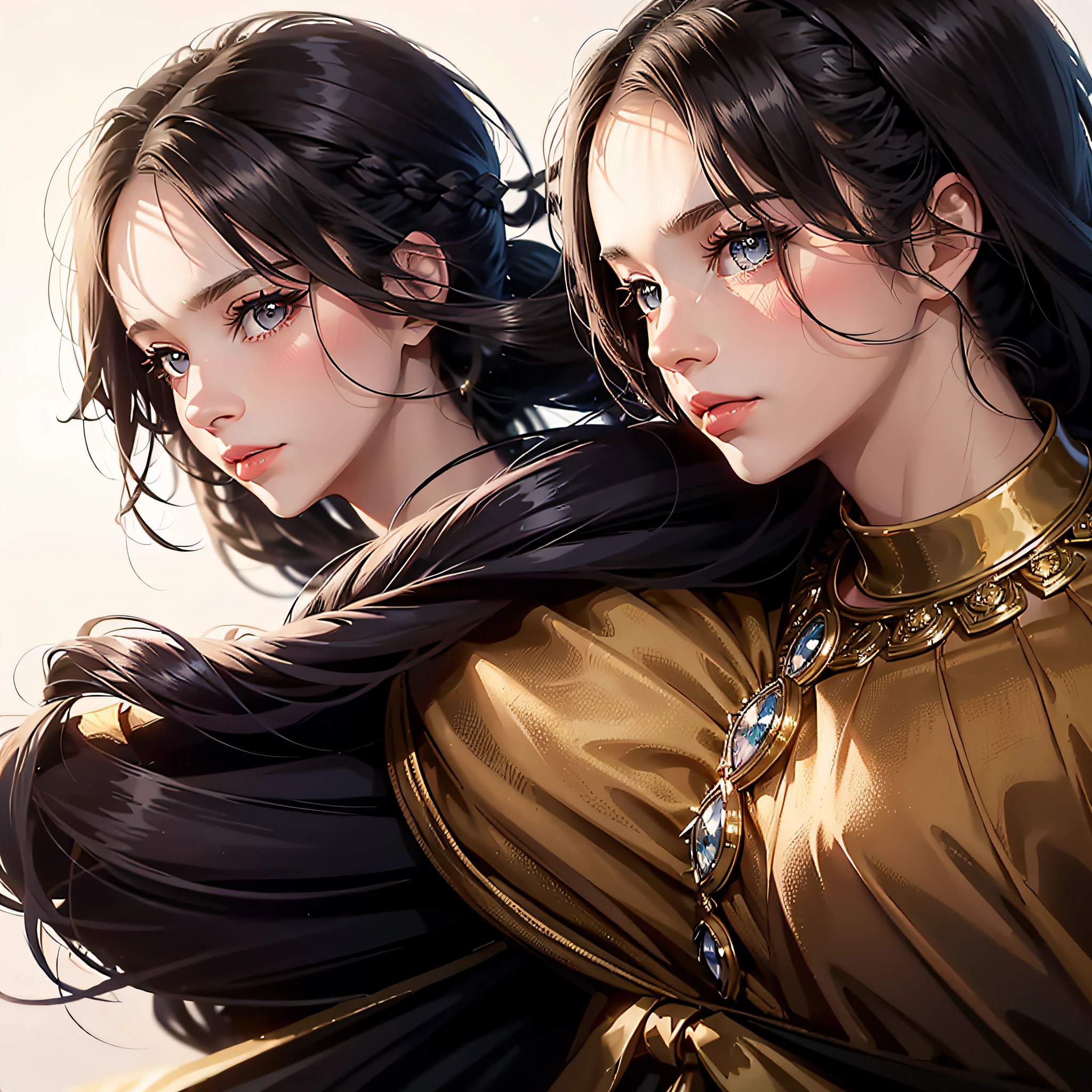 Elegant and noble girl, Elegant dress, Back shadow, Need, Beautiful girls, braidedponytail, Blush, Bright pupils, Ear blush, Seductive smile, romanticism lain, Anime style, Chiaroscuro, reflective light, Sparkle, tachi-e, hyper HD, retinas, Masterpiece, Best quality, Super detail