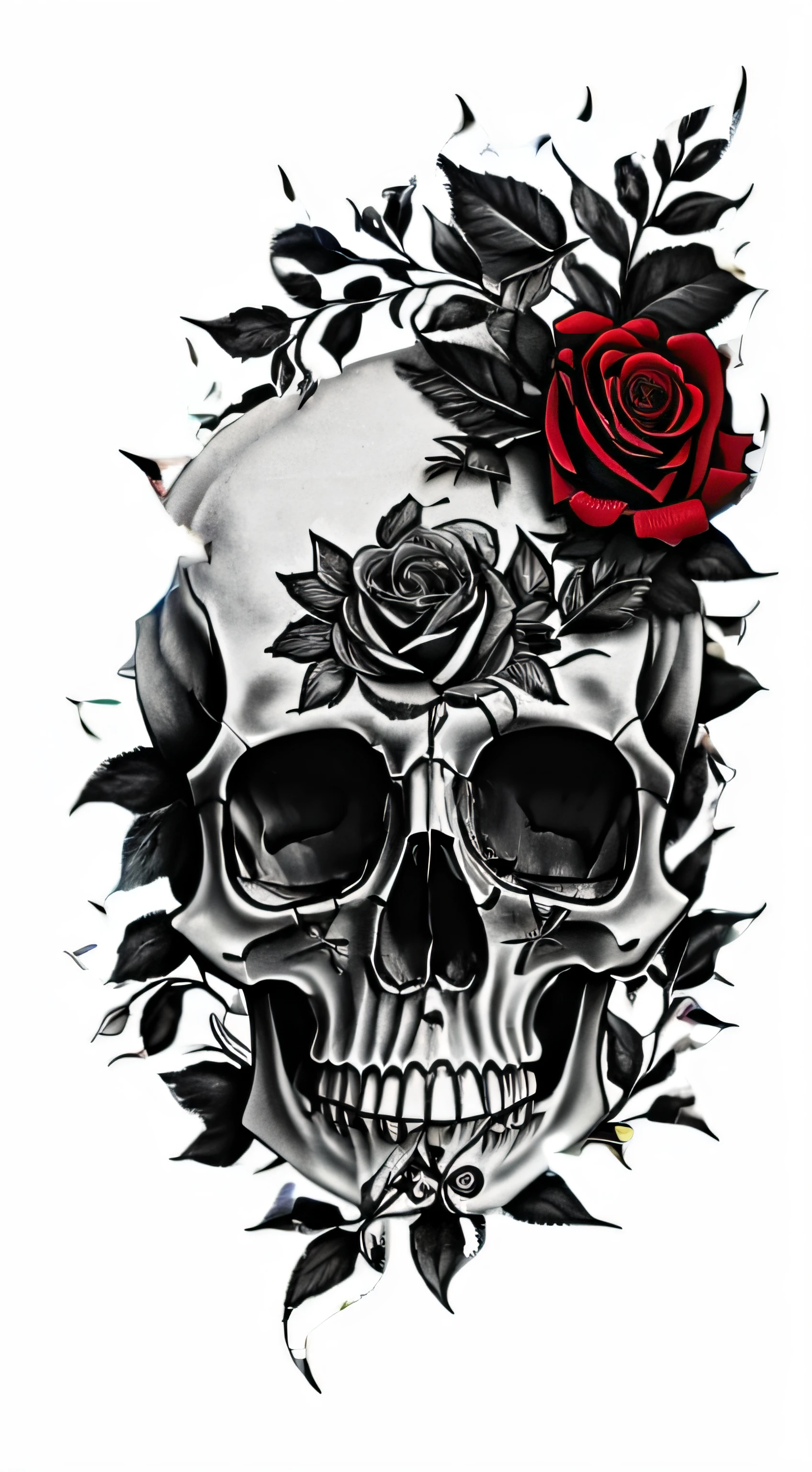 red rose,Surrounded by green leaves,In the middle is a skull,tattoo pattern,Don't touch boundaries,without background,hyper HD,Lots of detail --auto
