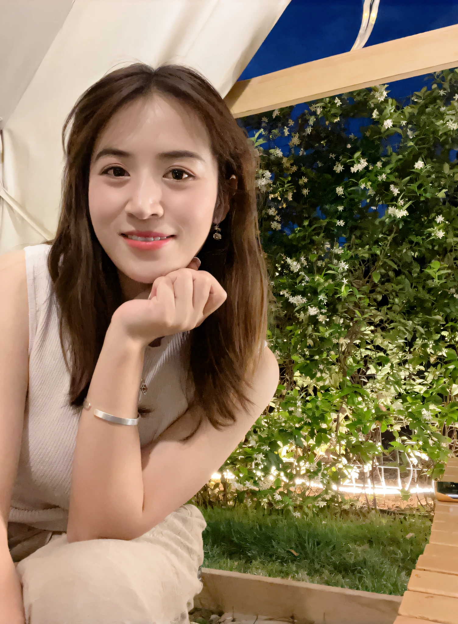there is a woman sitting on a bench in a garden, bae suzy, Gorgeous young Korean woman, Beautiful young Korean woman, cute korean actress, Shin Jinying, beautiful Korean women, Choi Hyun-hwa, jaeyeon nam, lee ji eun, Lee Ji-eun, Korean girl, tzuyu from twice, female actress from korea