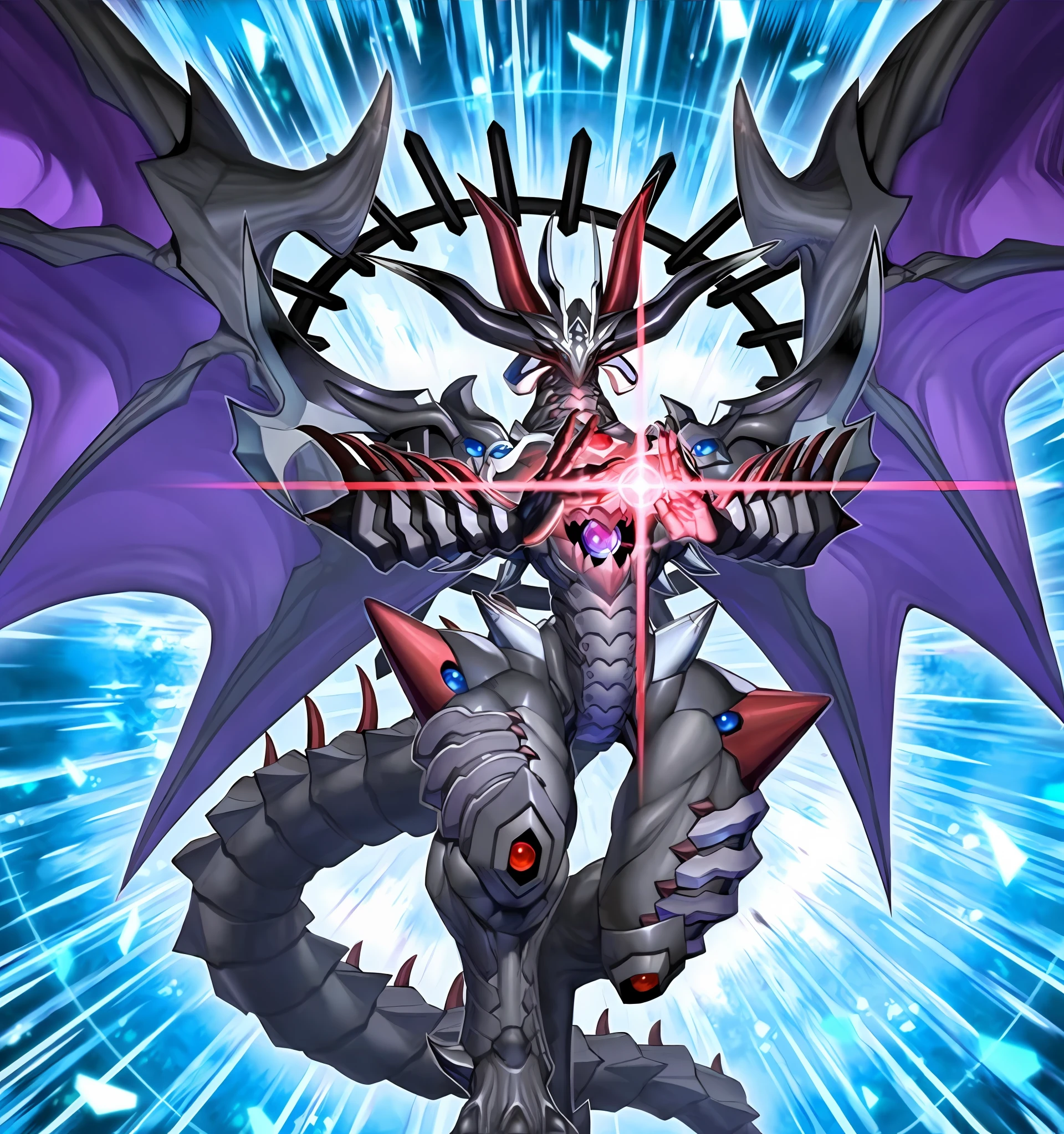 Close-up of a dragon with a star in its mouth, slifer the sky dragon, colossal dragon as background, colossal dragon in background, Yugioh artwork, yugioh style, blue eyes white dragon, yugioh, drachenlord, ornate supreme demon overlord, excoriating, yugioh art style, yugioh card, Portrait of a cyborg dragon