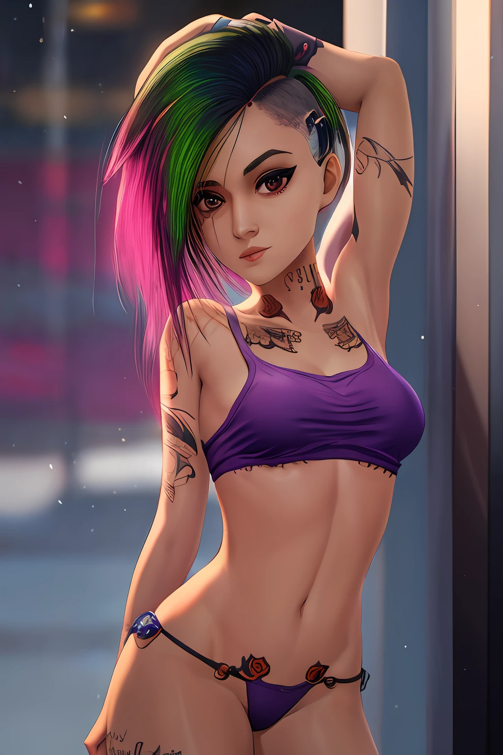 best qualtiy, tmasterpiece, face expressionless, 超高分辨率, detailedbackground, 独奏, , short detailed hair, cowboy lens, Real shadows and light, Sukuna a woman with pink hair and bustiness, tattoo_ryoumen, tattoo_on_his_face, Eye focus, , mature, full bodyesbian, anatomy correct,