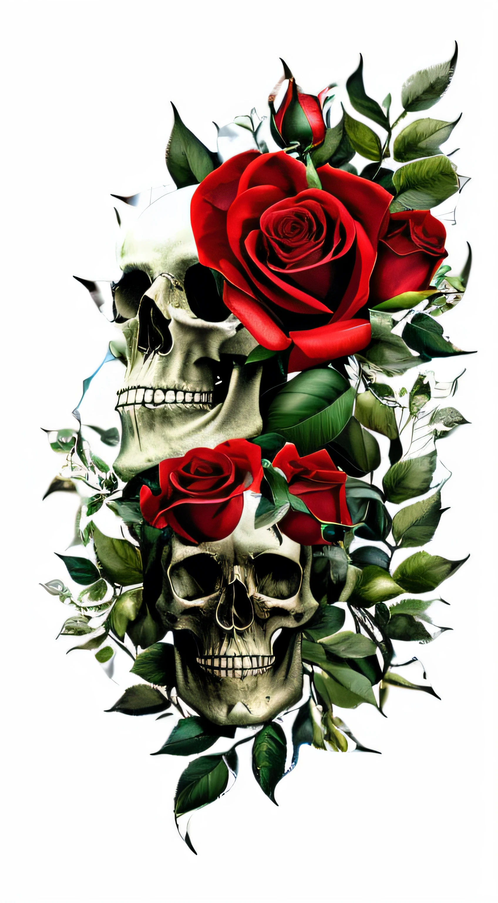 red rose,Surrounded by green leaves,In the middle is a skull,tattoo pattern,Don't touch boundaries,without background,hyper HD,Lots of detail --auto