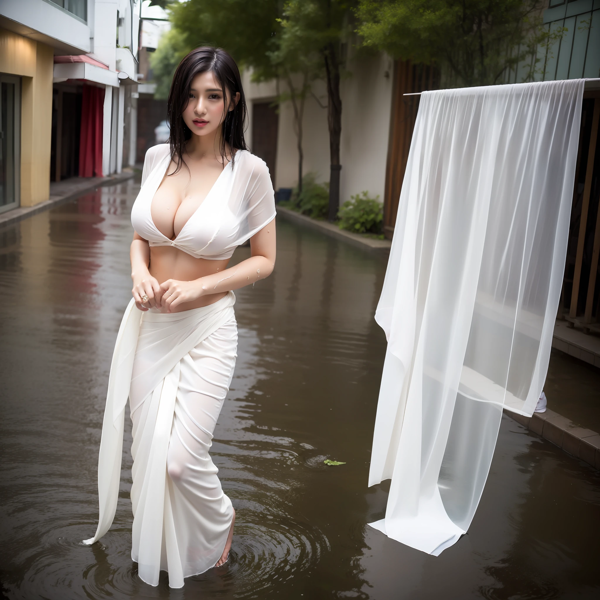 Beautyfull white  girl ever wearing sari,[white hair],[wet body], wet hair, [wet clothes], raining outside, standing ,empty streets, big boobs, cleavage, random posing