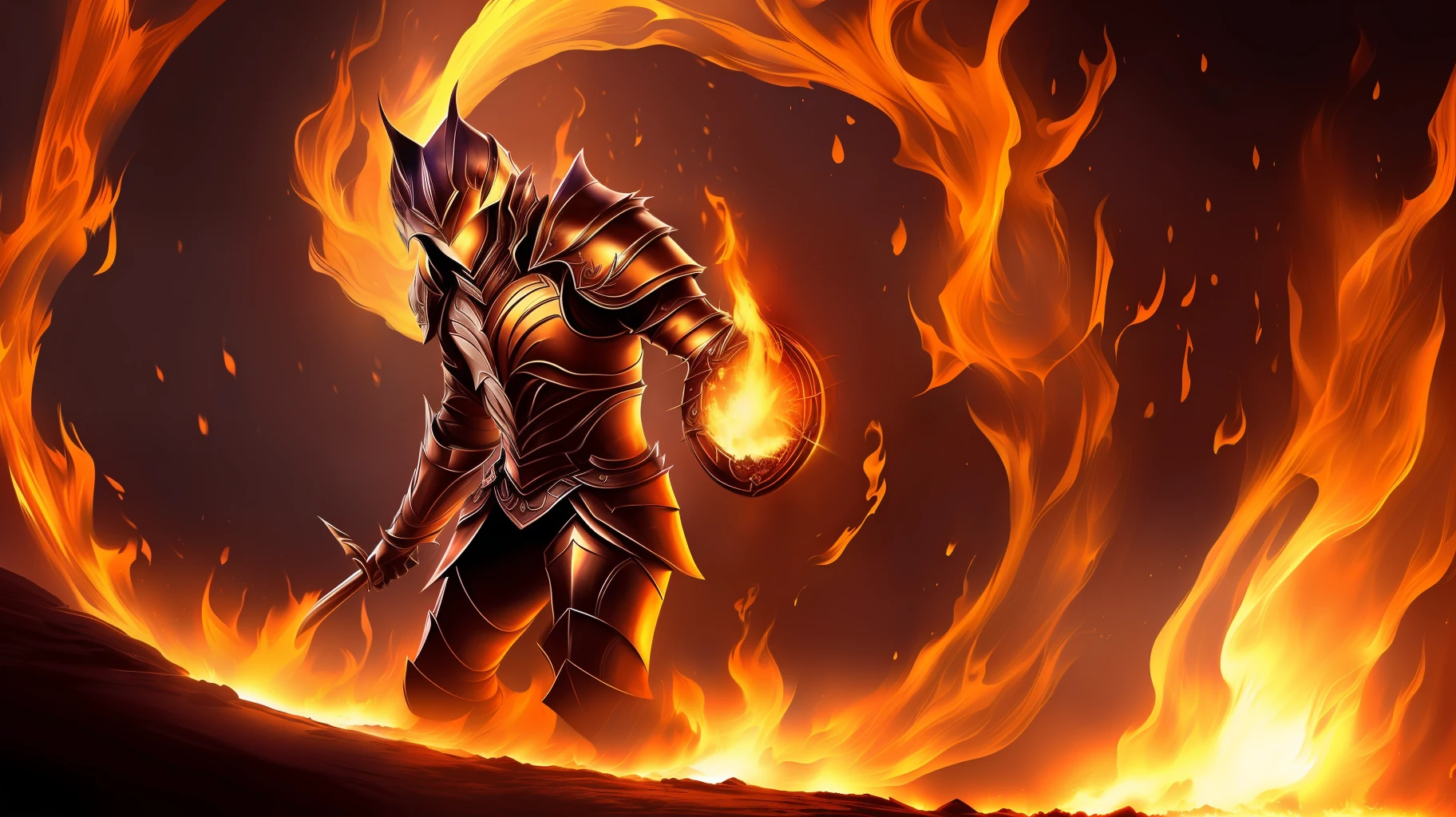 Swordsman armor，Flames swirled around it，Dazzle；There is an open door at the back，A golden glow burst out inside