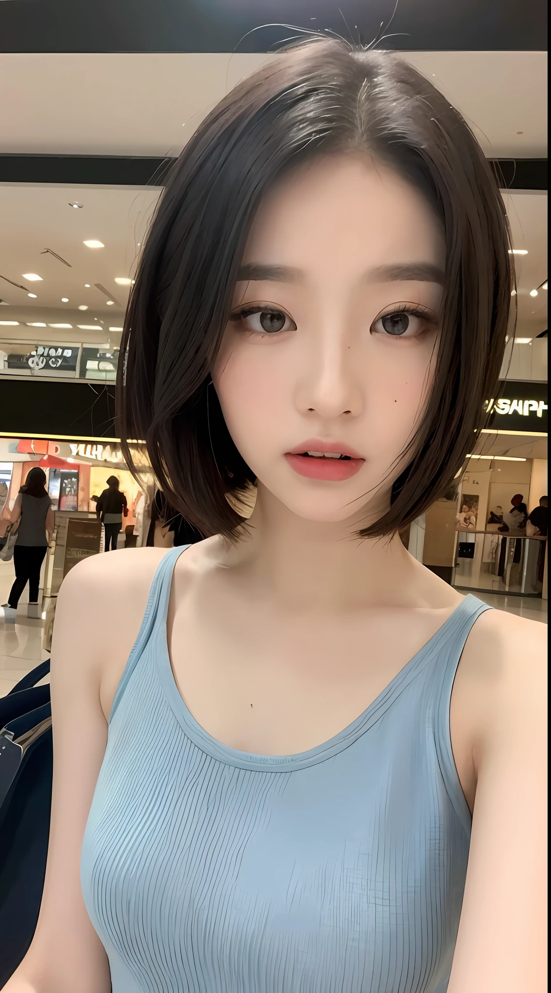 ((Best quality, 8K, Masterpiece :1.3)), Sharp focus :1.2, perfect figure beautiful woman:1.4, ((short detailed hair, mischievous expression:1.2)), (Tank top shirt:1.1 ), (shopping centre:1.2), Highly detailed facial and skin texture, A detailed eye, 二重まぶた