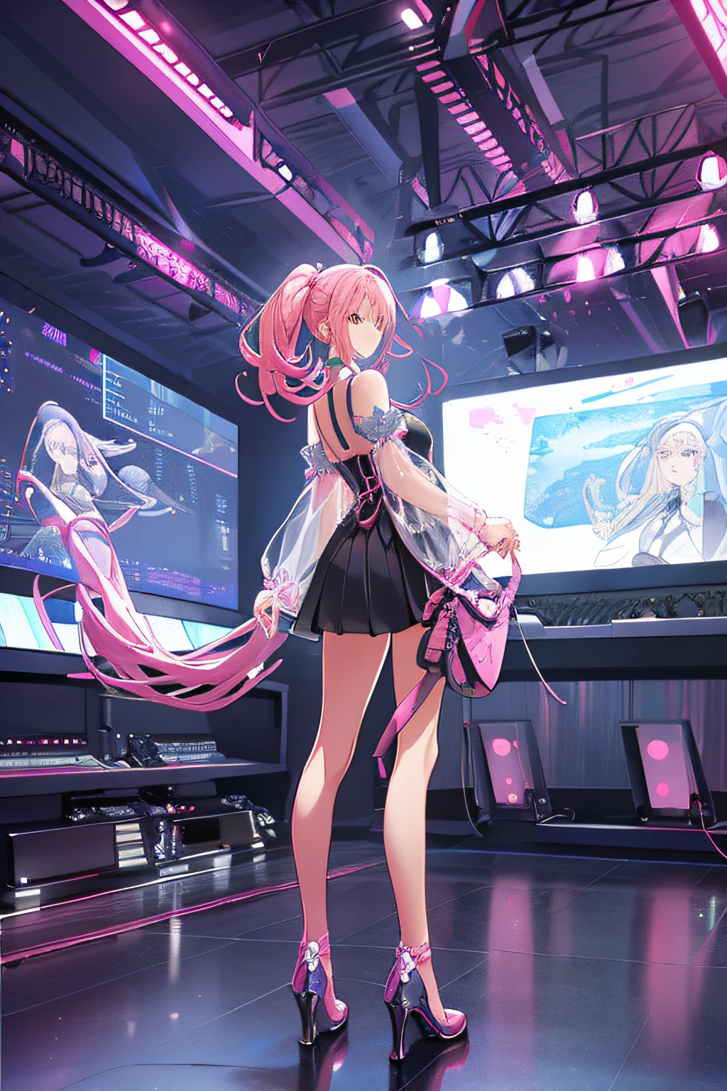 [（pink back ground：1.5）：：5]，（tmasterpiece：1.2）， best qualtiy，realisticlying，
Cyberworld，see-through transparent clothes，1个Giant Breast Girl，