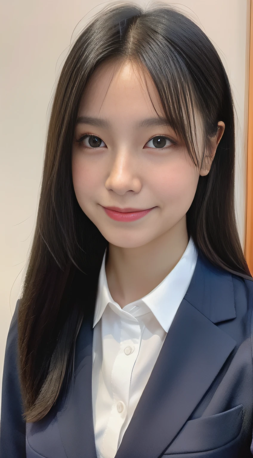 Asian woman in suit posing for one photo, A smile、One girl in a suit,Close-up portrait taken in a single photo, Close-up of portrait shot of upper body, Wearing a gray business suit, professional closeup photo, full body Esbian、 is wearing jacket, close up half body shot, Japanese Models, close up portrait photo、细致背景