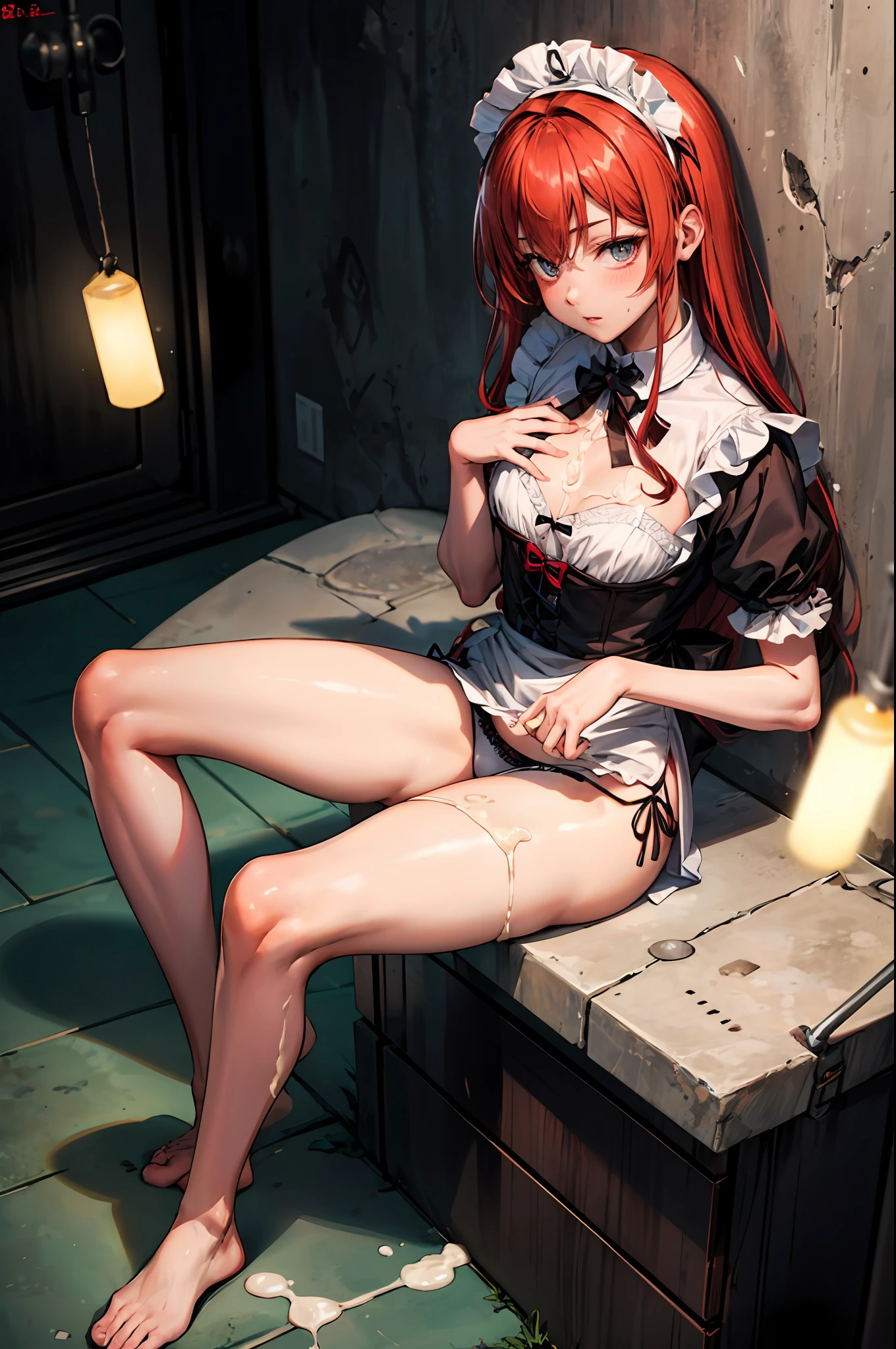 M-shaped legs、Maid Cosplay、1girl in、((glowy skin))、((cum on chest))、crouching down、opens legs、Opening legs、Thin panties、looking at the viewers、face to viewer、Ruined restroom、red hairs