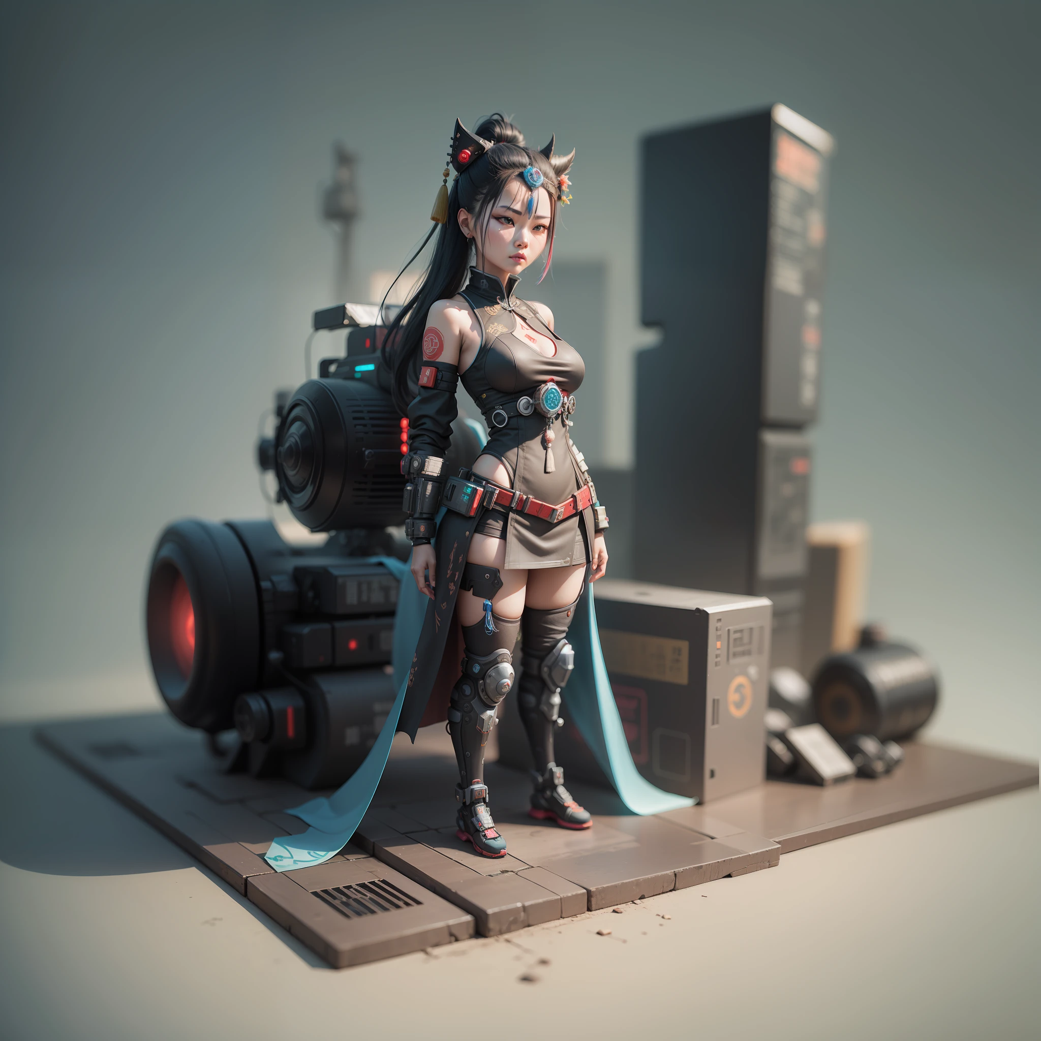 A cyberpunk-style Chinese ancient woman. Cute 3D c4d image created using pull/lighting to produce a middle-distance isometric perspective. Computer --ar 1:1 --q 1 --niji 5