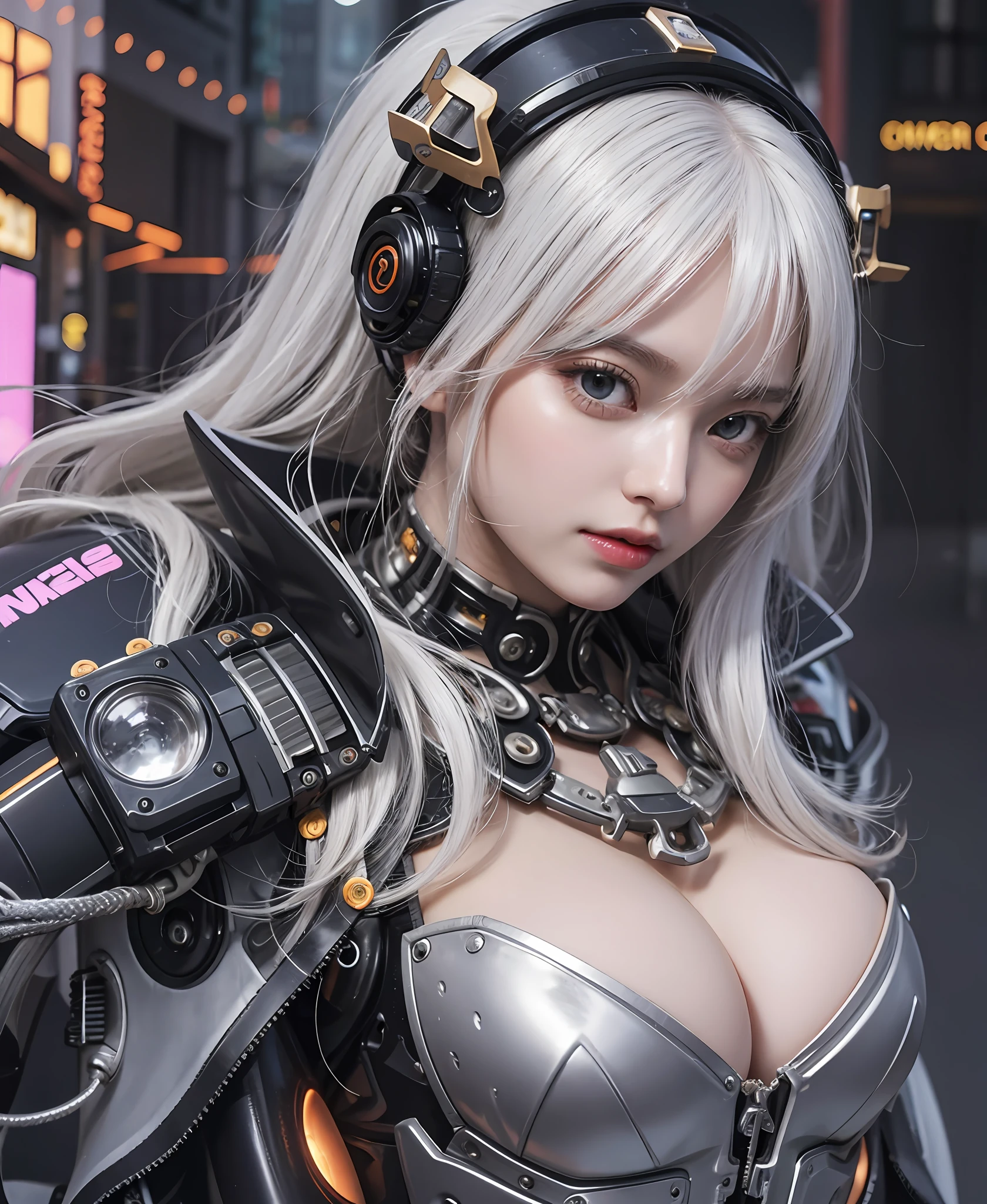white hair、long fluttering hair、strong breeze、Orange Eyes、radiant eyes、Steampunk Girl、Colossal tits、The face and chest are alive、Cleavage is visible。photoRealstic、portfolio、Evangelion-style metal mecha suit、Combat cyborg、Gothloli details、metalic、detailed mechanical components、Bundle of thin tubes、Metal cylinder、Detailed neon、Fine LED、Fine parts