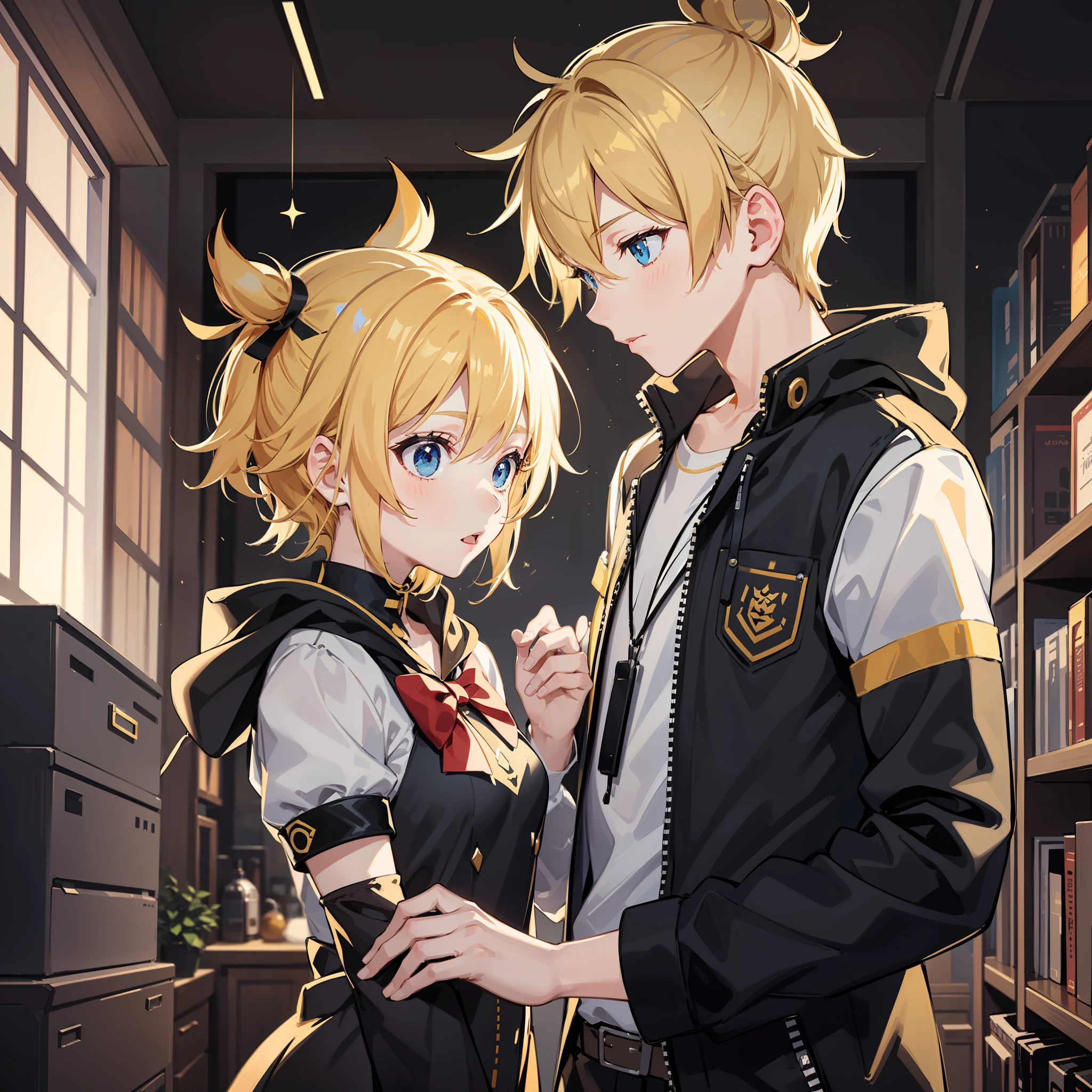 best quality, ultra precision, two person, one boy and one girl, (a boy is Len_Kagamine), (a girl is Rin_Kagamine), couple, love each other, blond hair, cute, childish