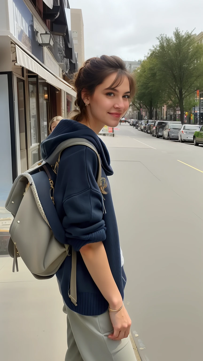 (masterpiece, best quality:1.4), (modern days), (cowboy shot), 1girl, solo, pov, sfw, stunning girlfriend, (standing:1.1), dynamic pose, (white oversized sweater, knit sweater:1.4), (skinny yoga pants, dark gray yoga pants: 1.4), (navy short jacket, denim jacket: 1.4), long blonde hair, bangs, heart-shaped face, elegant face, beautiful face, high detail face, high detail skin, skin pores, subsurface scattering, (blue eye details), realistic pupils, plump breasts, loving smile, looking at the audience, full blush, plump lips, holding a coffee cup, centered, coffee shop in background, city street, sunny day, wind, detailed background, depth of field, Atmospheric perspective, volumetric lighting, clear focus, absurd, realistic proportions, good anatomy, (realistic, hyper-realistic:1.4), 16k HDR,