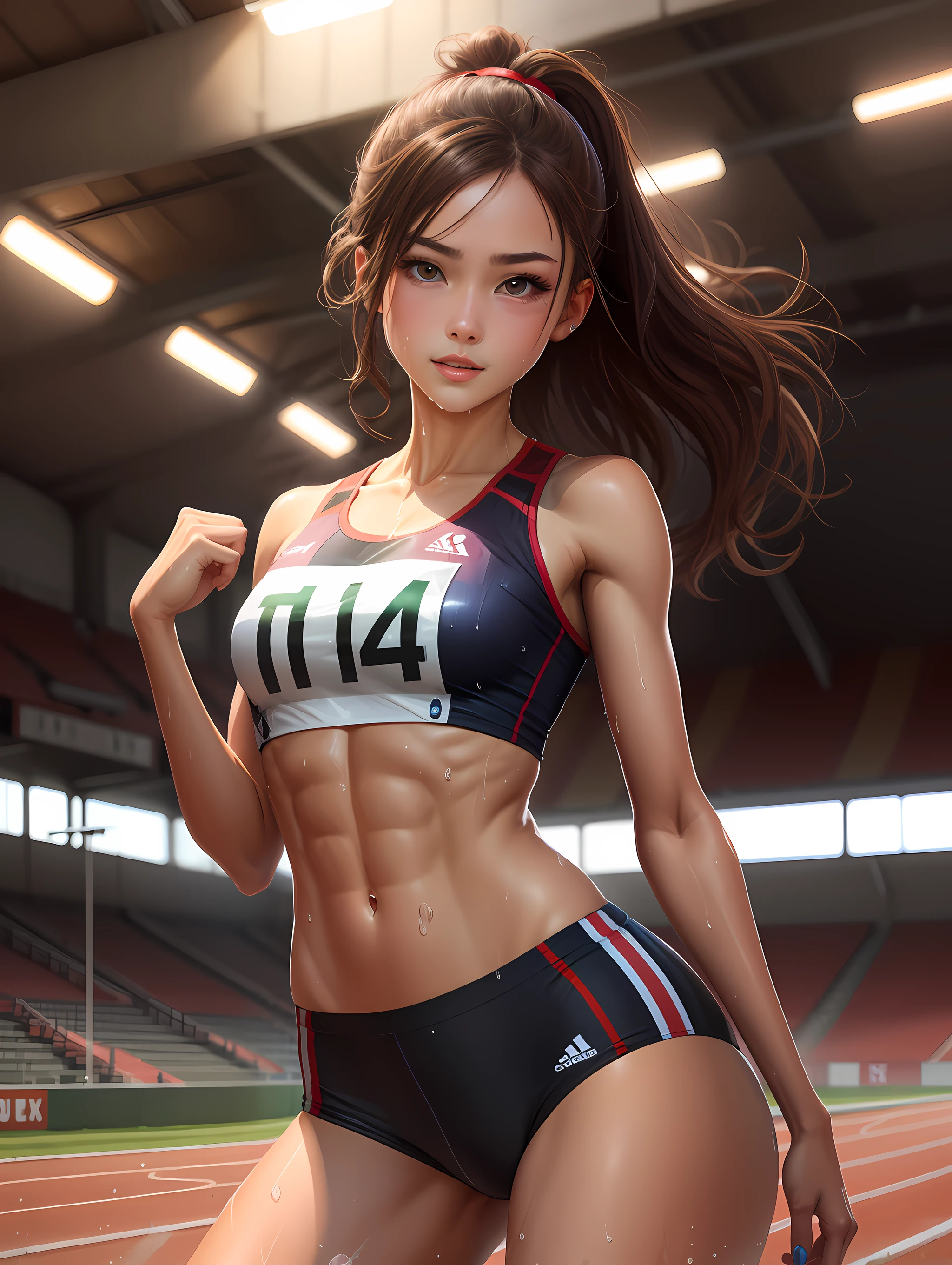 (Digital Painting),(Best Quality), 1girl in,track and field uniform,Charming face,small head,big beatiful eyes,Large breasts,Trained abs,nice legs,wet skins sweat,track and field,dynamic shot