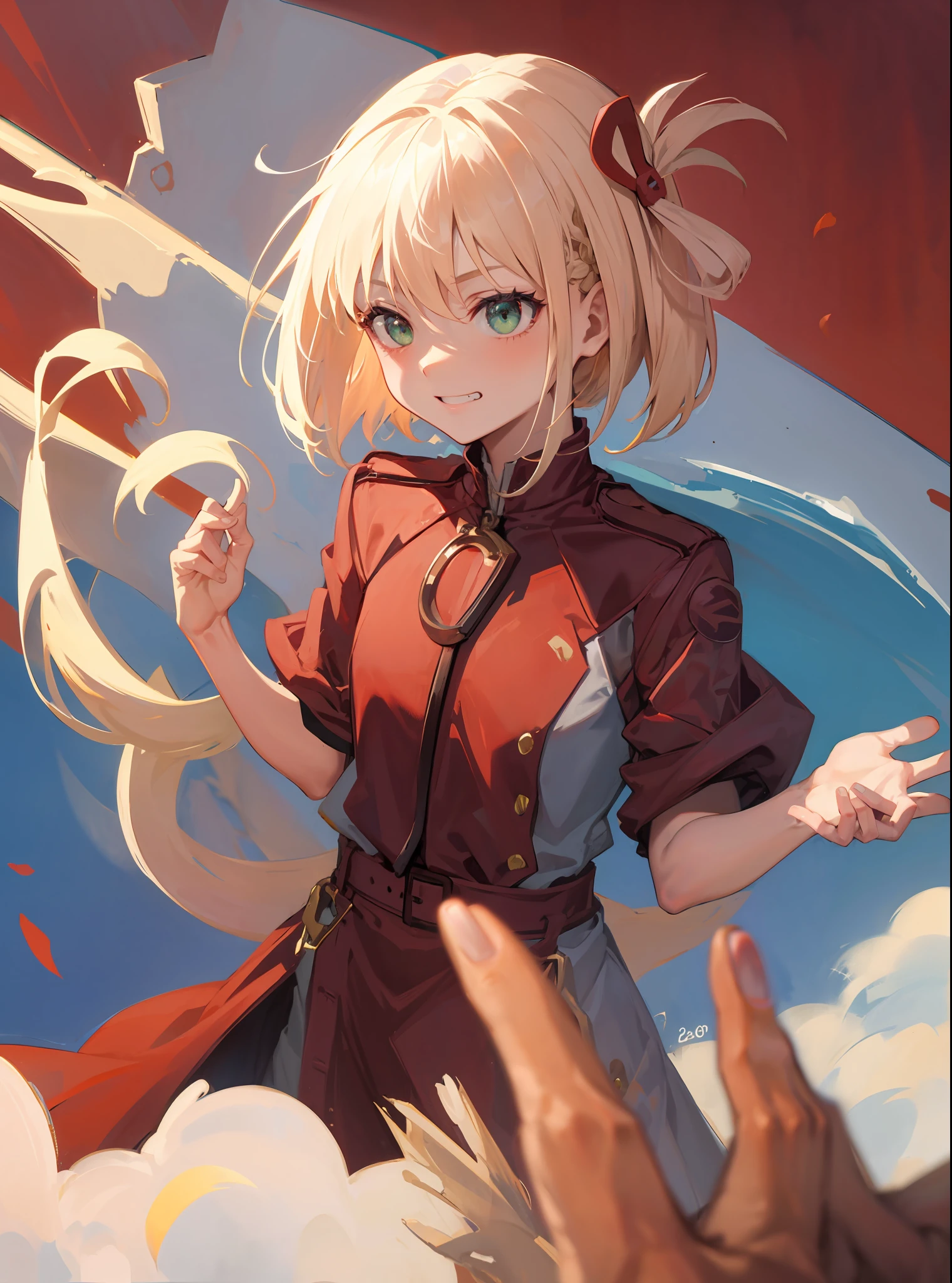 mordred \(fate\), ponytail, green eyes, braid, smug