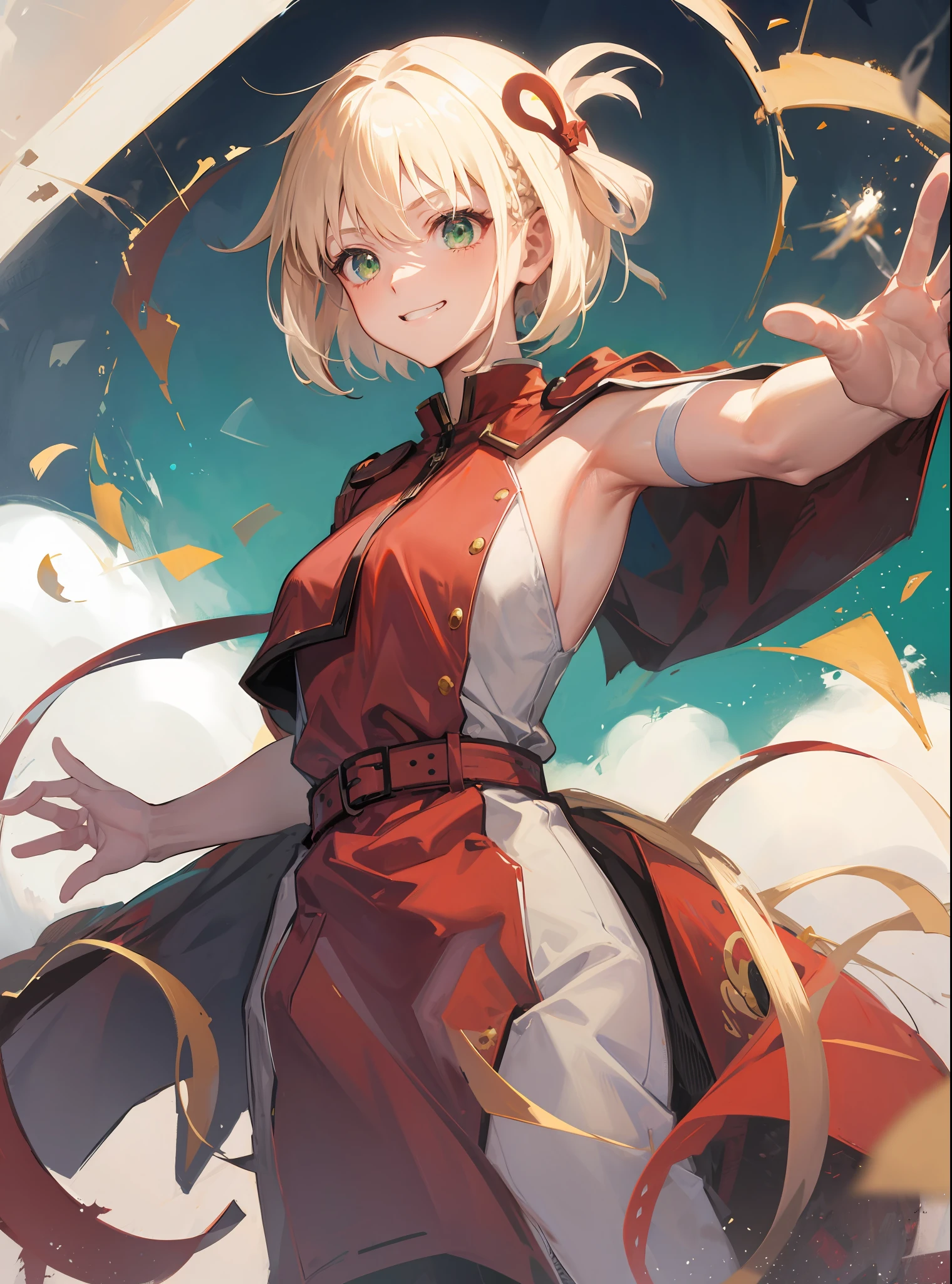 mordred \(fate\), ponytail, green eyes, braid, smug