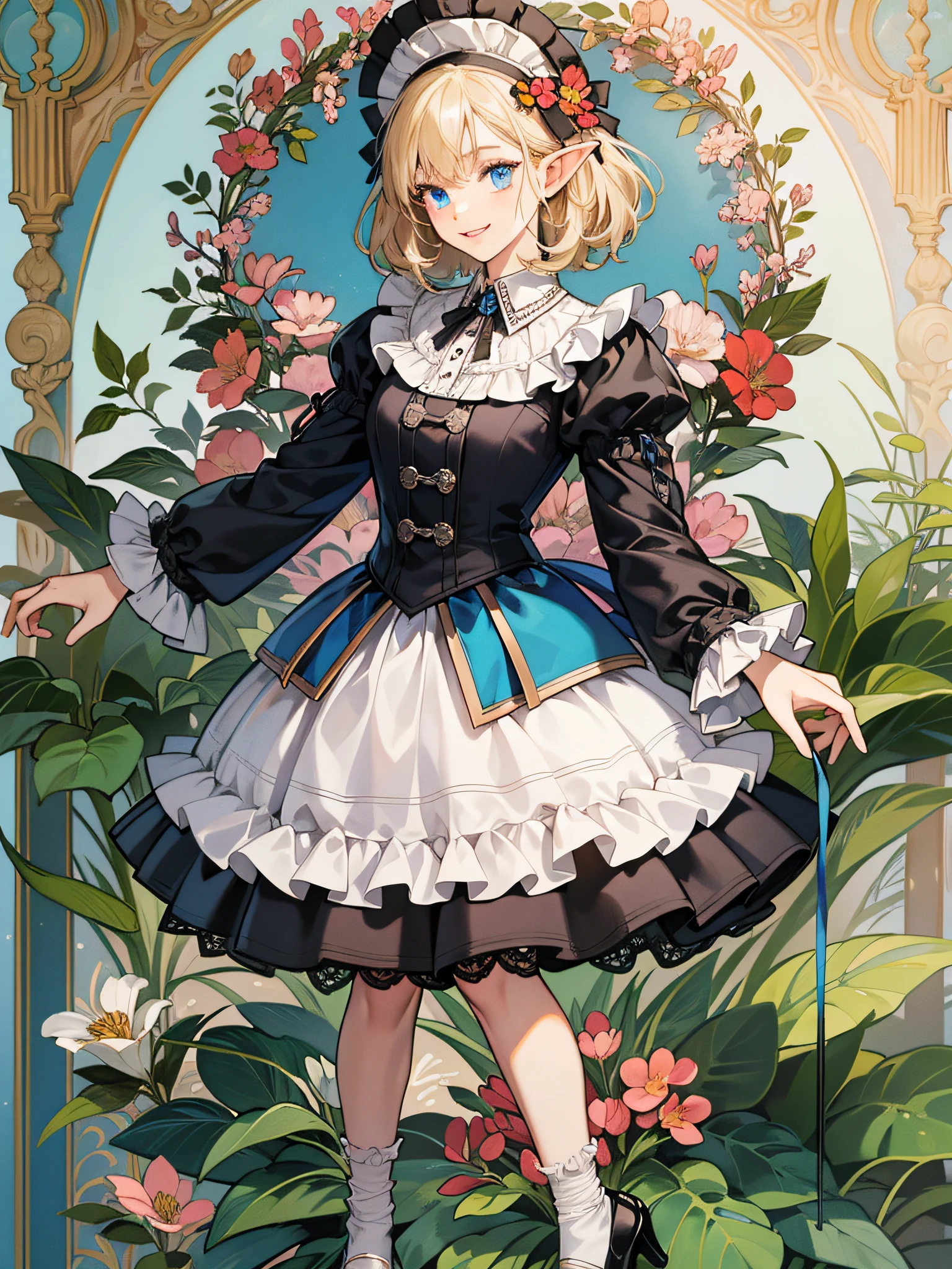 (elvish, teens girl, solo, Full body posture, platinum-blonde,Twin-tailed, blue eyes, Smiled, Greetings at Curtsy),
(White blouse, Round collar, Ruffled collar, long-sleeve),
(Blue Goth Lolita Jumper Skirt, Shoulder buttons, Knee-length skirt),
(White tights),
(White lace bloomers),
(Black enameled shoes, lanyard, Low Heels),
Mucha style background