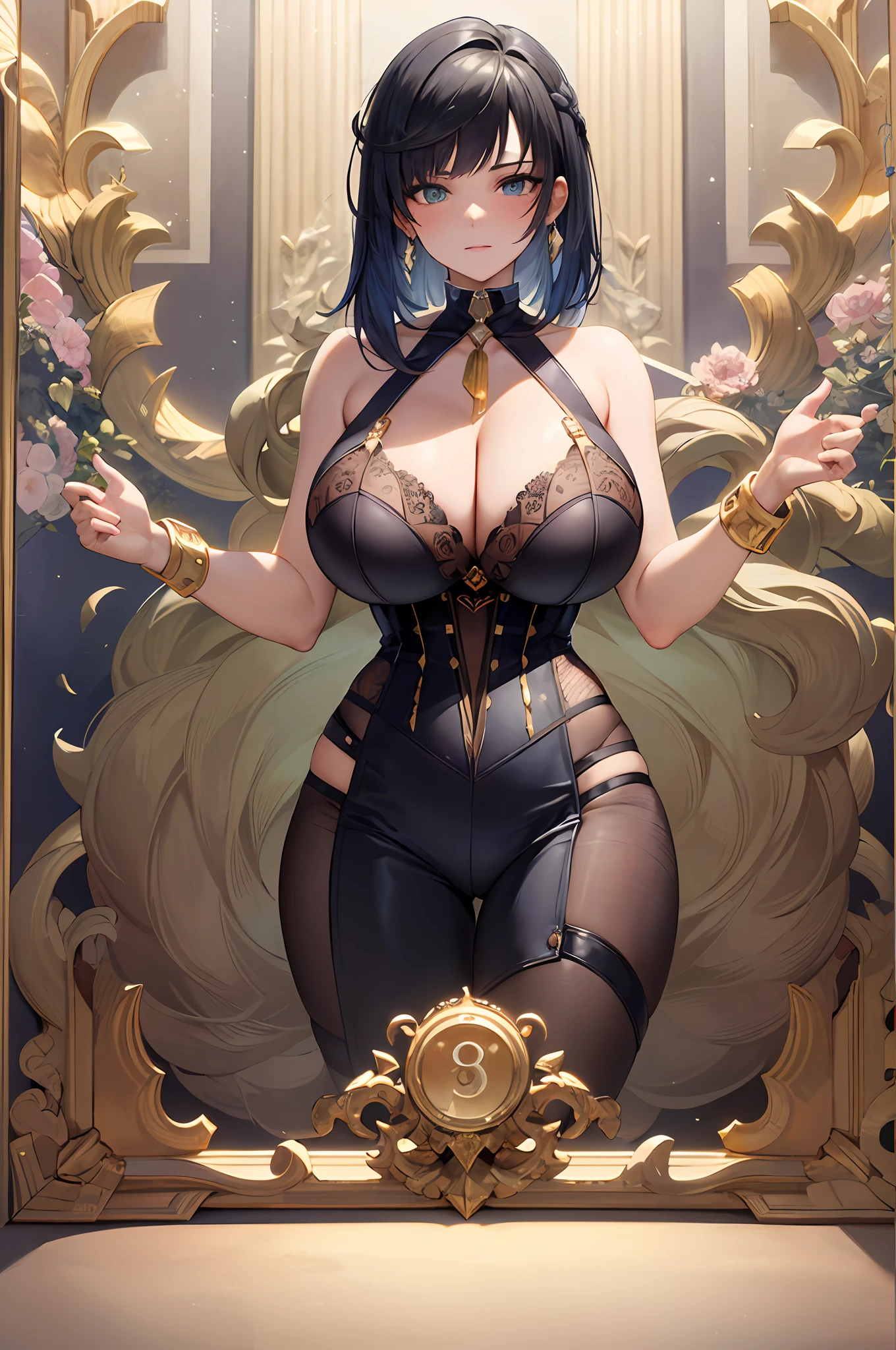 Portrait of the face of a mature woman , with long coiled hair,busty body,crisp breasts,鎖骨,huge tit,gigantic cleavage breasts,cleavage,Huge breast,white colors,Gold picture frame edge, Floral frame, Decorative panels, abstracted,waistup,Corset,photorealestic,Artistically,An Alphonse Mucha's
(tmasterpiece,best qualtiy,A high resolution:1.4),the detail,complexdetails,4K,colored splashing,Line art,Fibonacci,